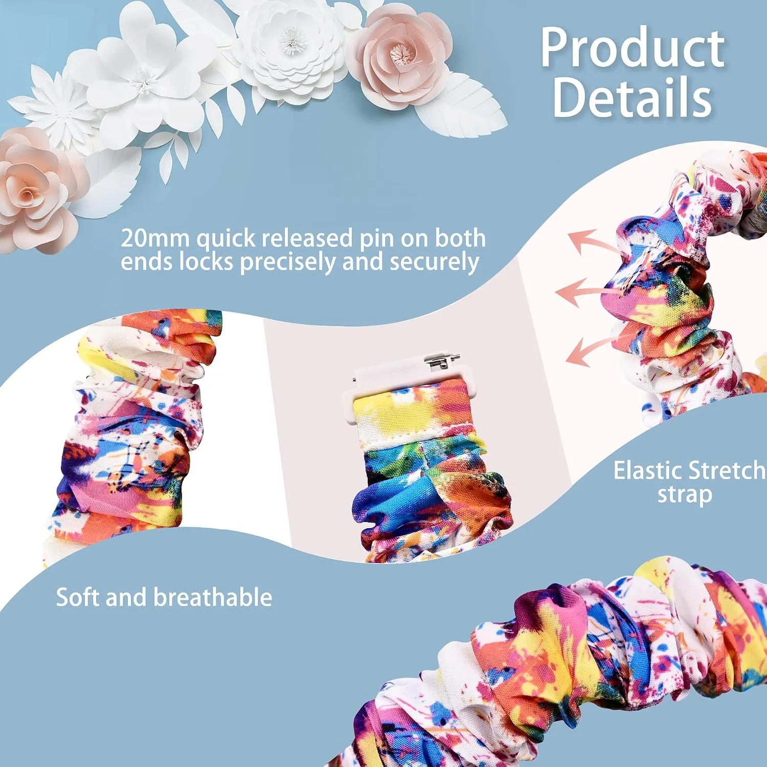 Compatible with Samsung Galaxy Watch 7/6/5/4/Active 2/FE Bands - 40mm/44mm, 20mm Quick Release Scrunchie Strap - Stretchy Cute Elastic Fabric Bands (10-Pack) Women