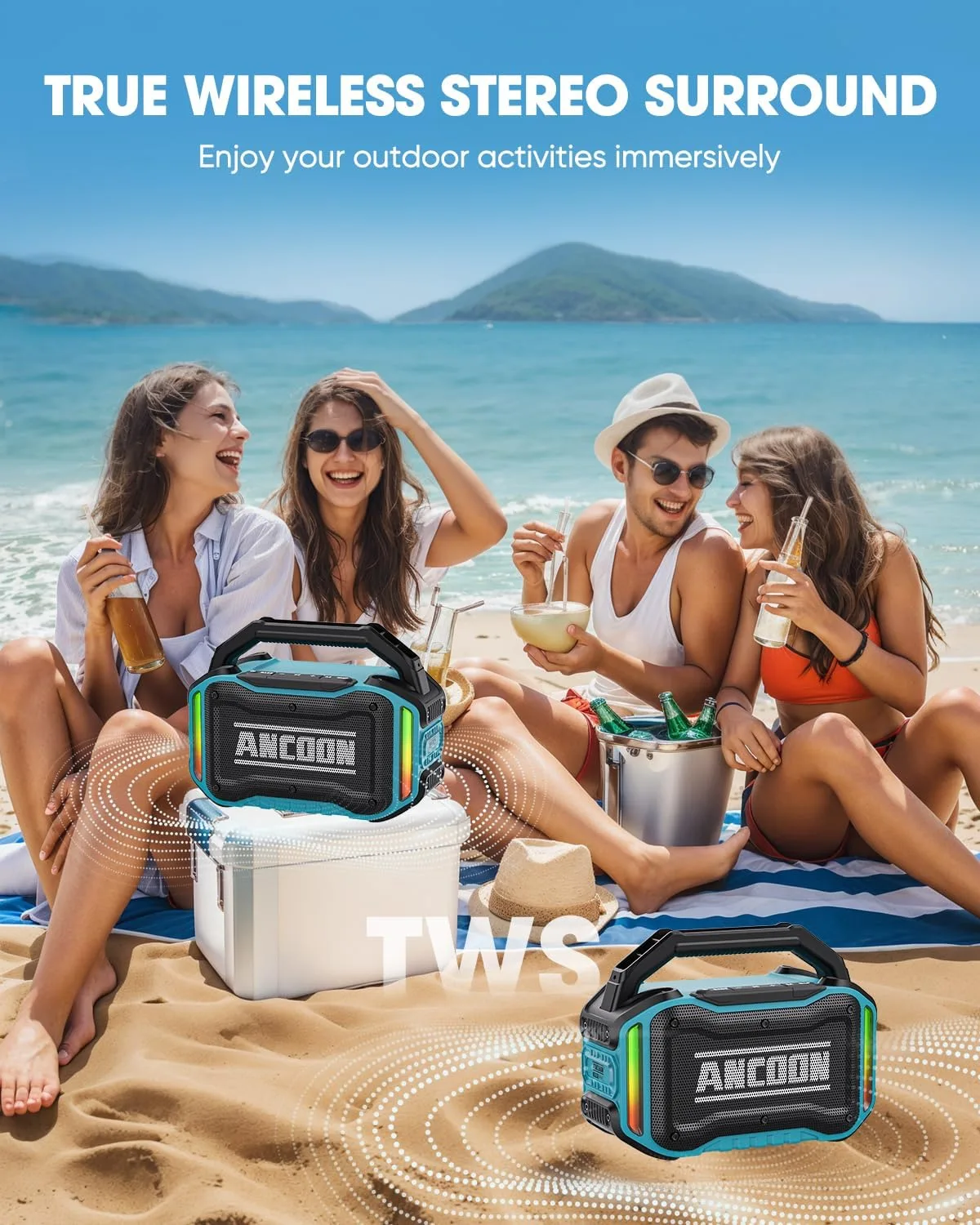 ANCOON Speakers Bluetooth Wireless: 80W(Peak) Loud Speaker with Bass, 20H Playtime, IPX6 Waterproof, Large Jobsite Speakers for Work, Outdoor, Workshop, Garage, Portable Speaker with TWS (Sky Blue)