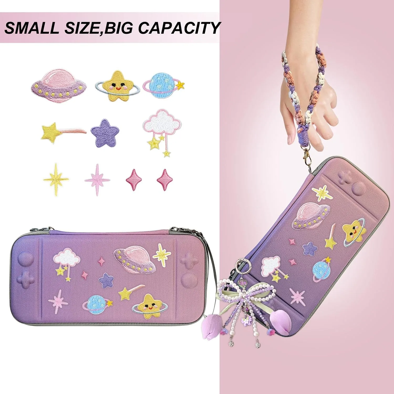 Cute Travel Carrying Case for Switch 2 2025 with Silicone j-con Covers, Thumb Grip Caps, Screen Protector, Flower Strap, Charms and Embroidery stickers for Girls Women, Purple-Pink