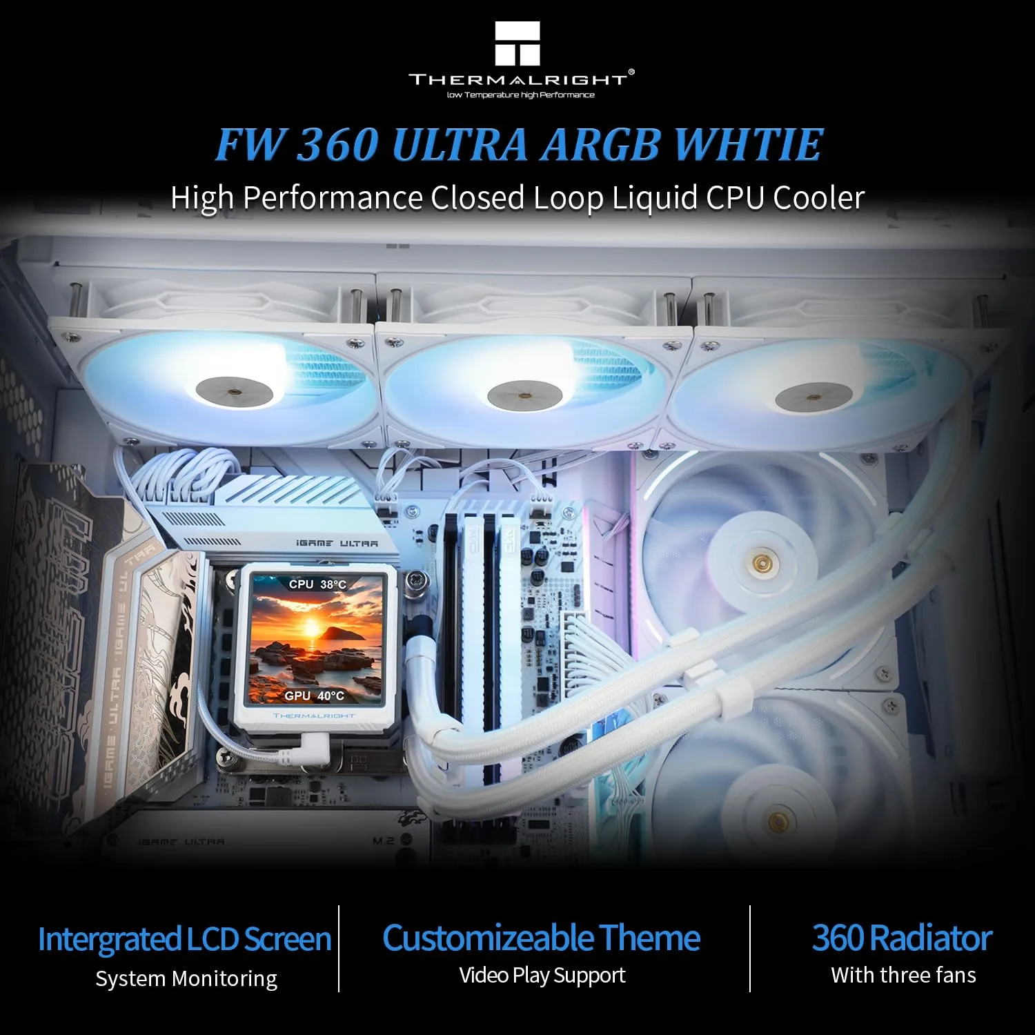 Thermalright FW360 Ultra ARGB White CPU AIO Cooler,PC 360 Specification Water Cooler System,IPS LCD Screen with 480x480 Resolution,for AM5,Intel LGA1700/1851,High Performance Pump,2.88in LCD Screen