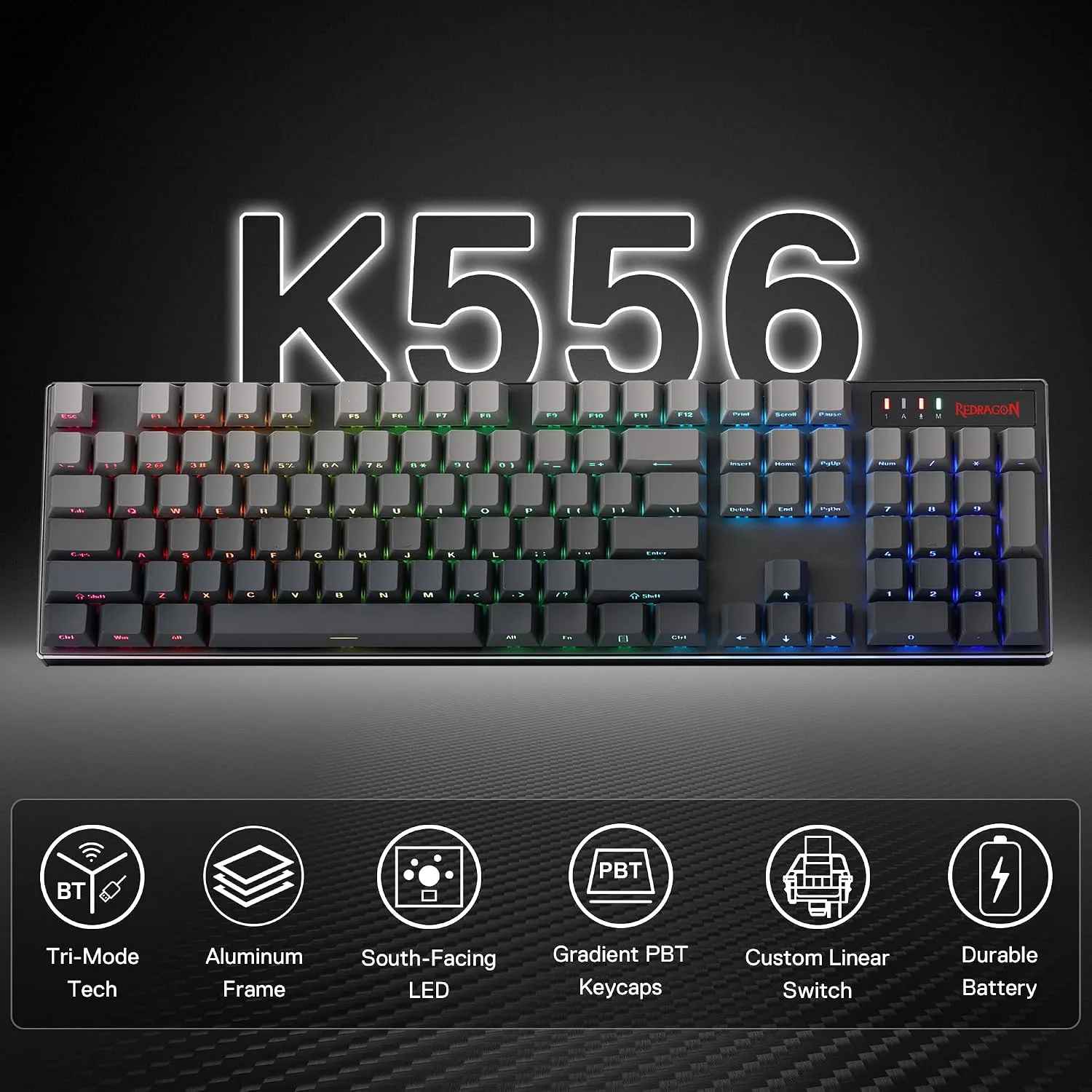 Redragon K556 PRO Wireless RGB Gaming Keyboard, Aluminum Board, PBT Keycaps