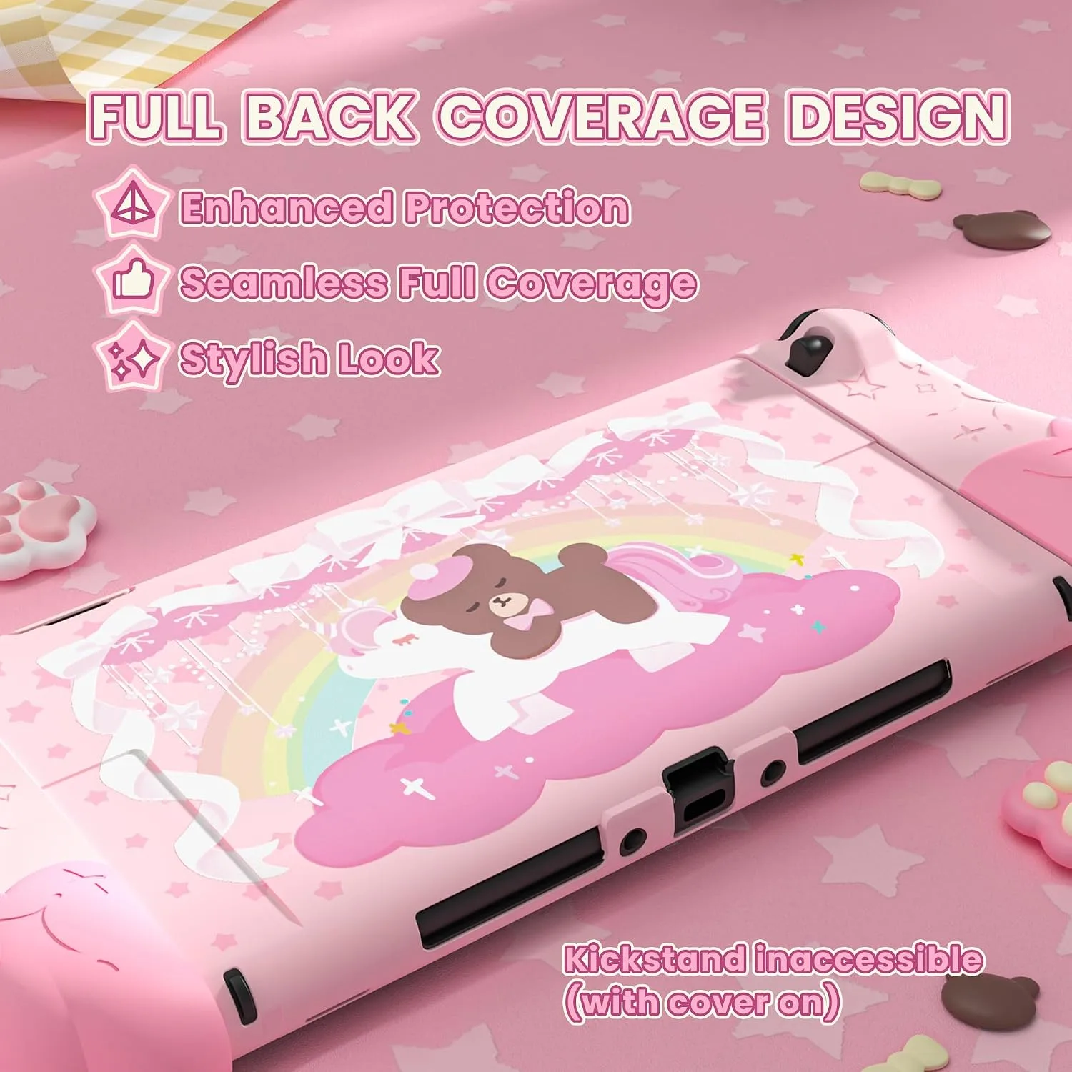 PlayVital Good Night Bear Dockable Case for Nintendo Switch 2 with Stand | Split Design Silicone Joycon Grips, PC Console Hard Shell, 2 Joystick Caps | Cute Protective Cover Bundle – Pink