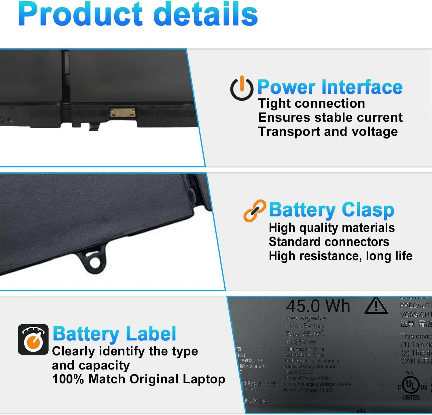 45Wh 55JWC CGR5V Laptop Battery Replacement for Dell Pro 14 Plus PB14255 14 Plus 2-in-1 PB14255 Series 0M9HTK 0RF5VP CGR5V 001WEF VMV83 11.25V 4000mAh