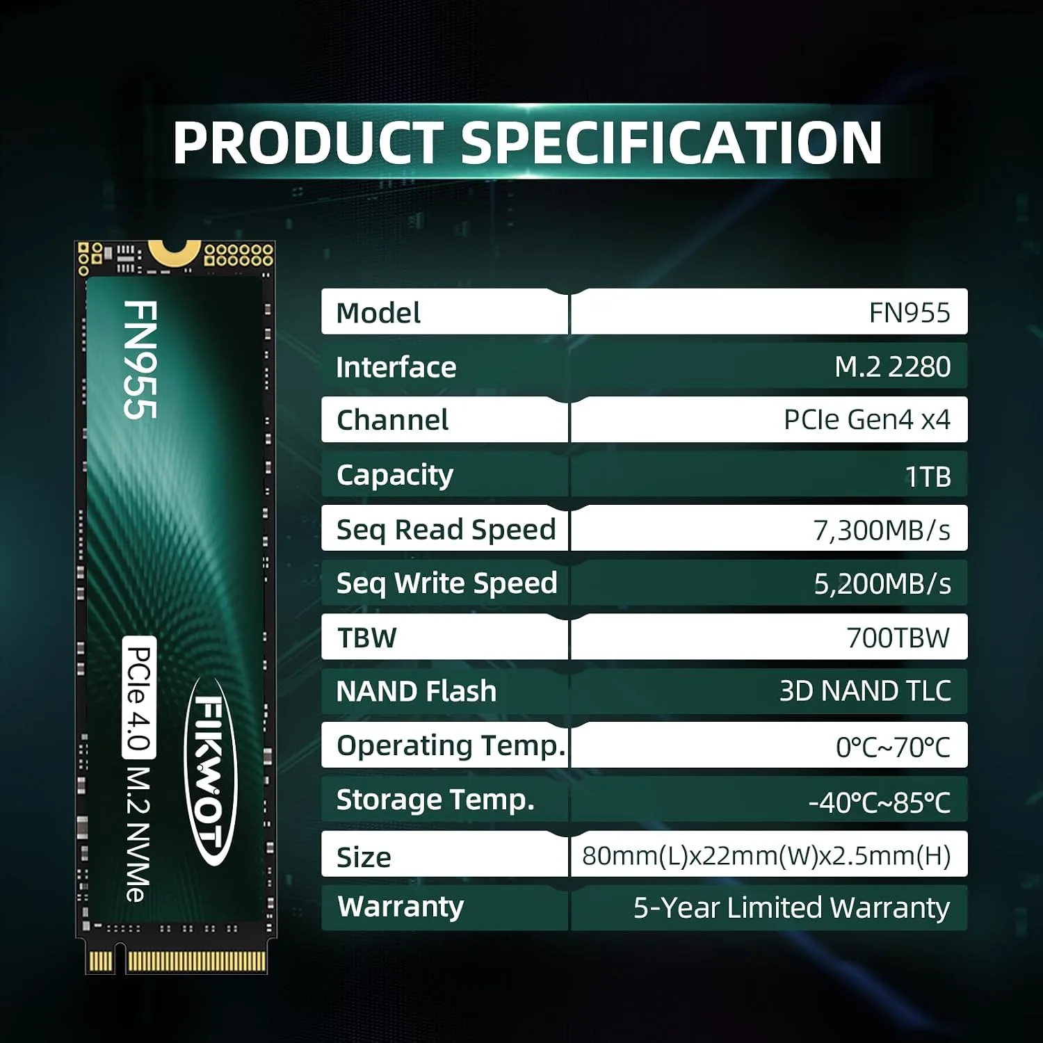 Fikwot FN955 1TB NVMe SSD M.2 2280 PCIe Gen4x4, Up to 7300MB/s, 3D NAND TLC Flash Internal Solid State Drive, Configure SLC Cache, Storage and Memory Expansion for PS5 Laptop Desktop