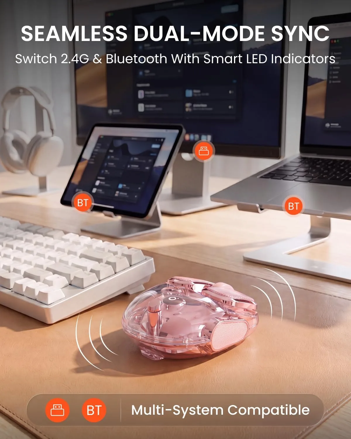 Wireless Bluetooth Mouse, Rechargeable, Clear, Silent Click for Small Hand