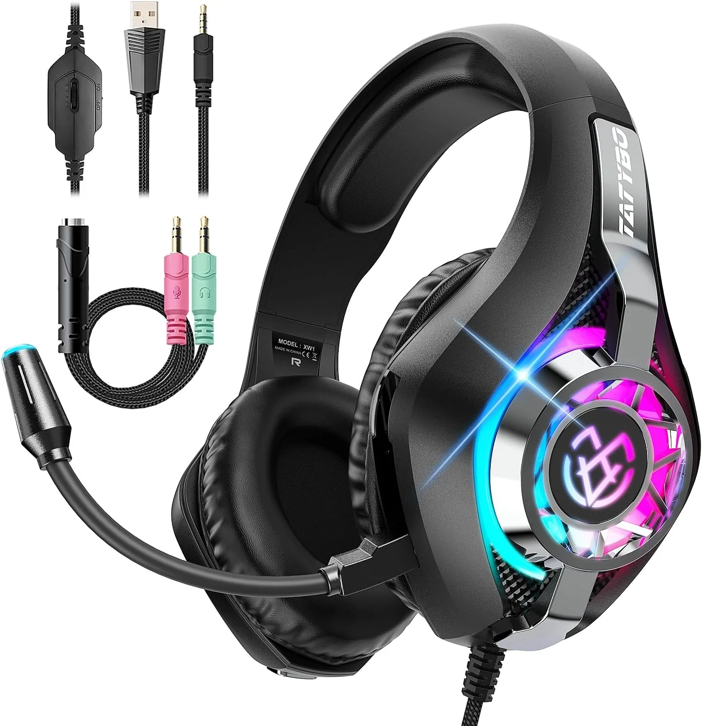 Tatybo Gaming Headset for PS5 PC, Noise Canceling Mic, RGB, Black