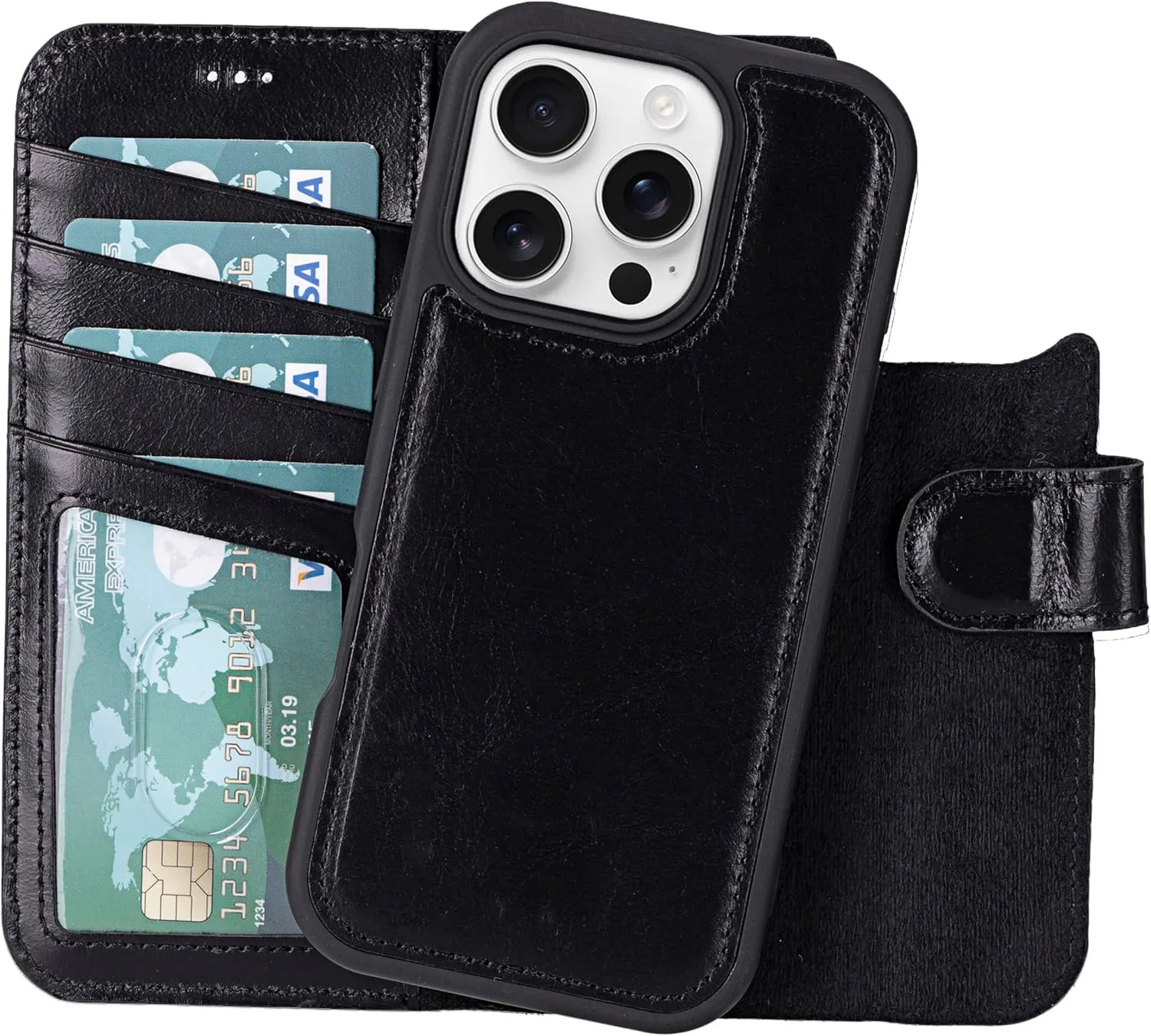 VENOULT Wallet Case for iPhone, Full Grain Genuine Turkish Leather, Magnetic Detachable, RFID 4 Card Slots, Business Style, Compatible with MagSafe (Rustic Black, iPhone 16 Pro MAX)