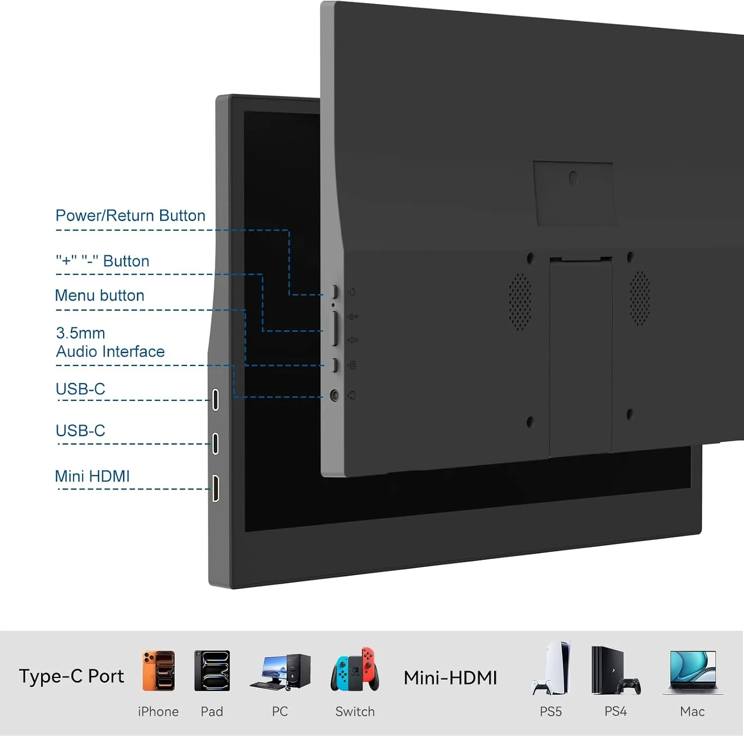 13.3" Portable Monitor with HDMI USB-C Plug and Play, Travel Screen