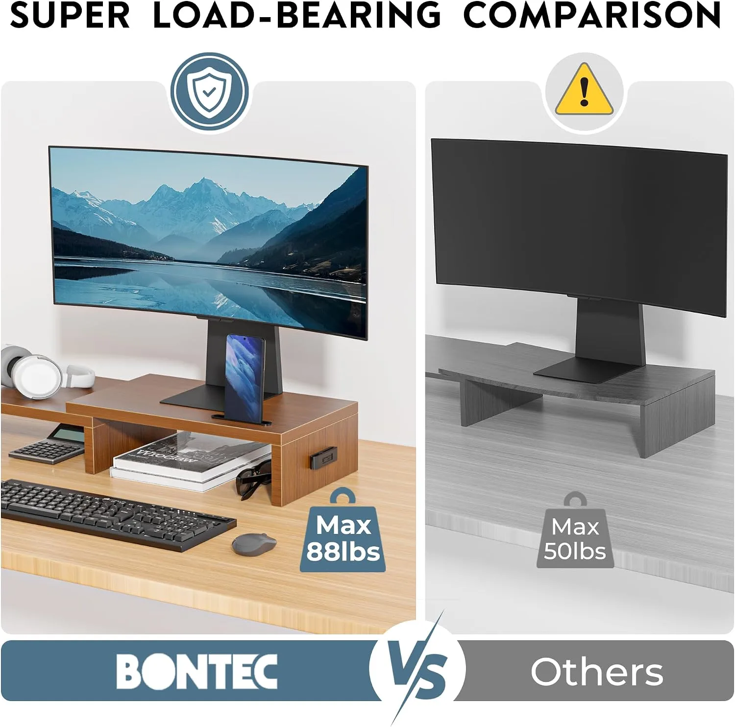 BONTEC Dual Monitor Stand Riser, Adjustable Length & Swivel Angle, Walnut