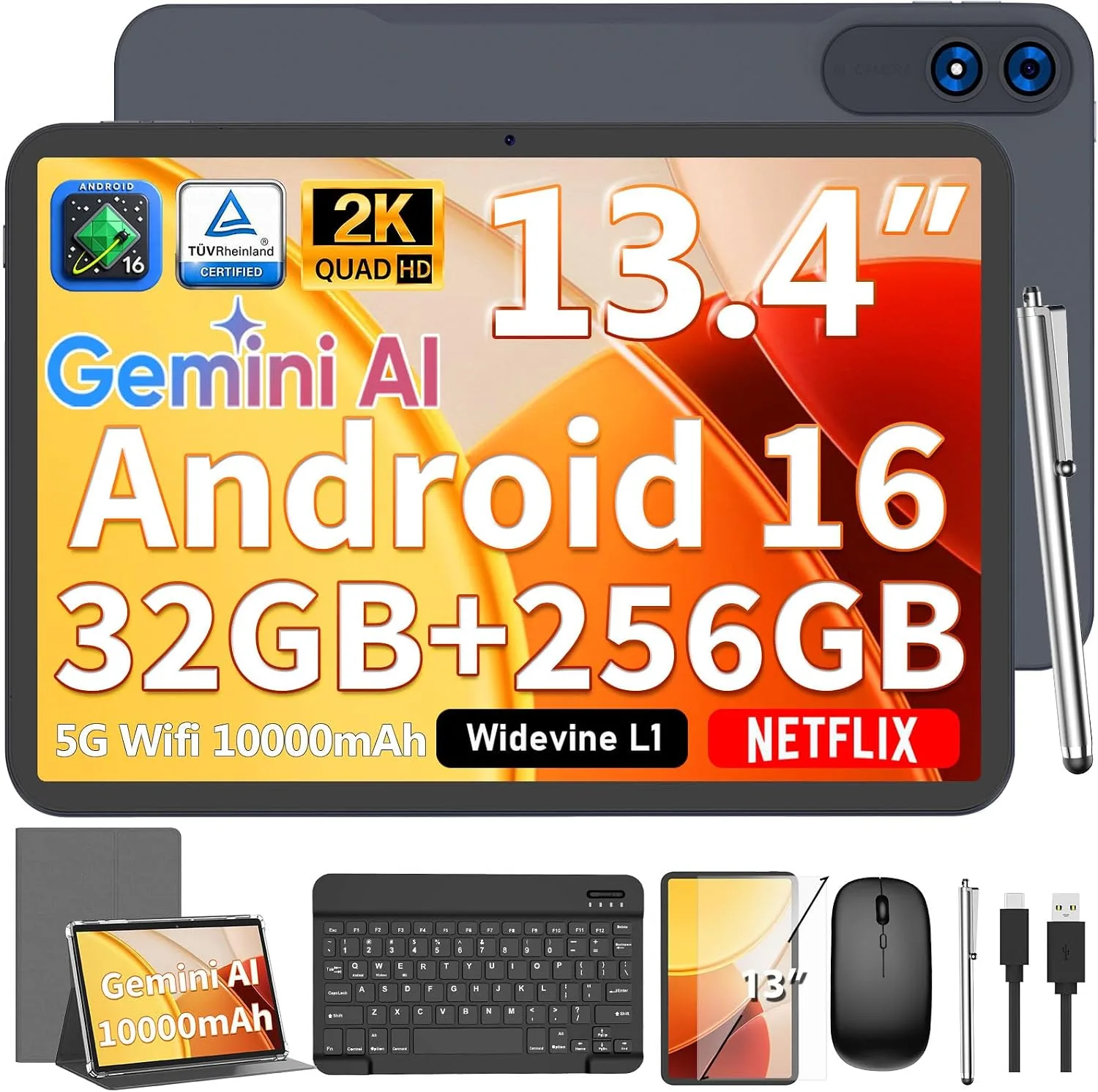 13 inch Tablet with Keyboard - 2026 Gemini AI Android 16 Tablet,Silver Case