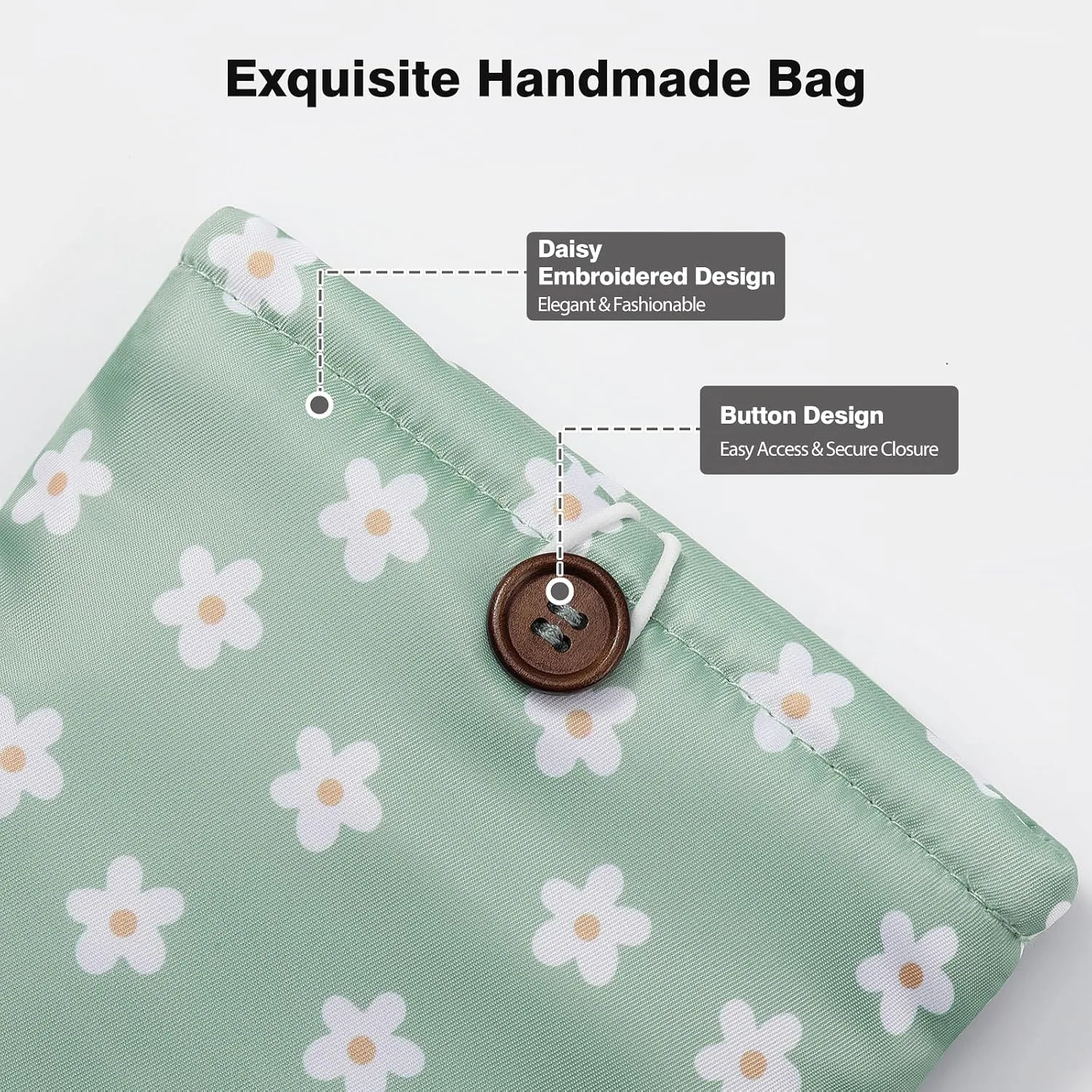 MoKo 6-7 Inch Embroidered Daisy Padded E-Reader Sleeve Zippered Bag with Back Pouch for Most 6/6.8/7 inch E-Reader, 6" Nook Glowligt 4, 6" Kobo Clara BW/Clara Colour, Green Flowers