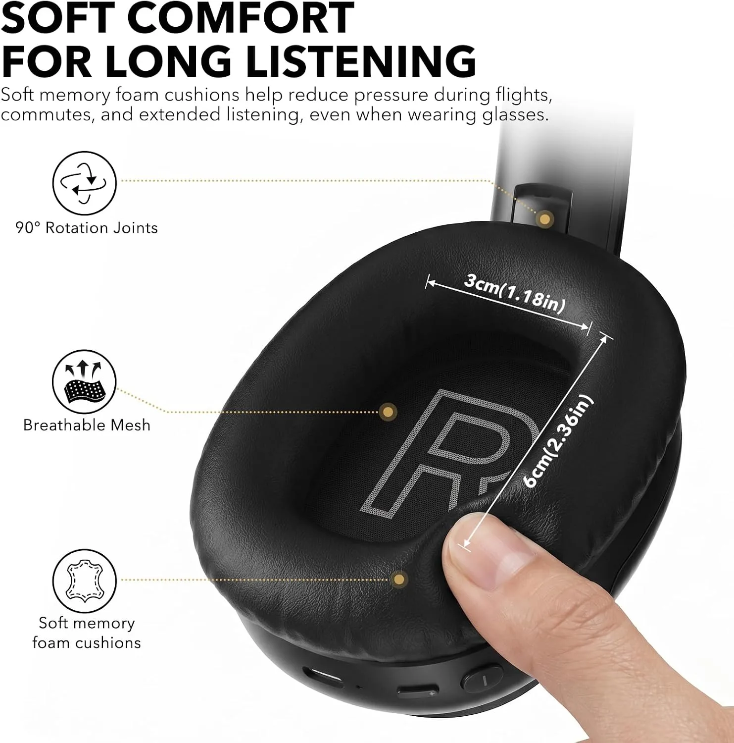 1Mii Noise Canceling Headphones Wired & Wireless for Airplane Travel, Black