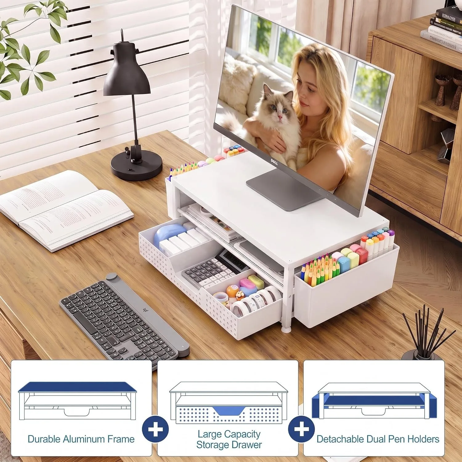 OPNICE Desk Organizer, Monitor Stand Riser with Drawer and 2 Pen Holders