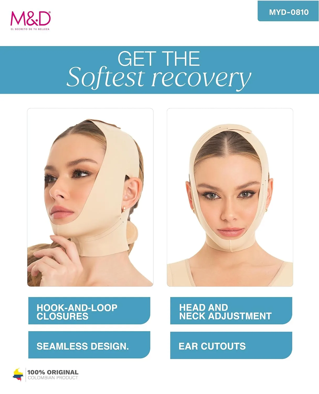M&D Face Slimming Chin Strap Lipo Compression Garment Mentonera Postquirúrgica Facial Beige M