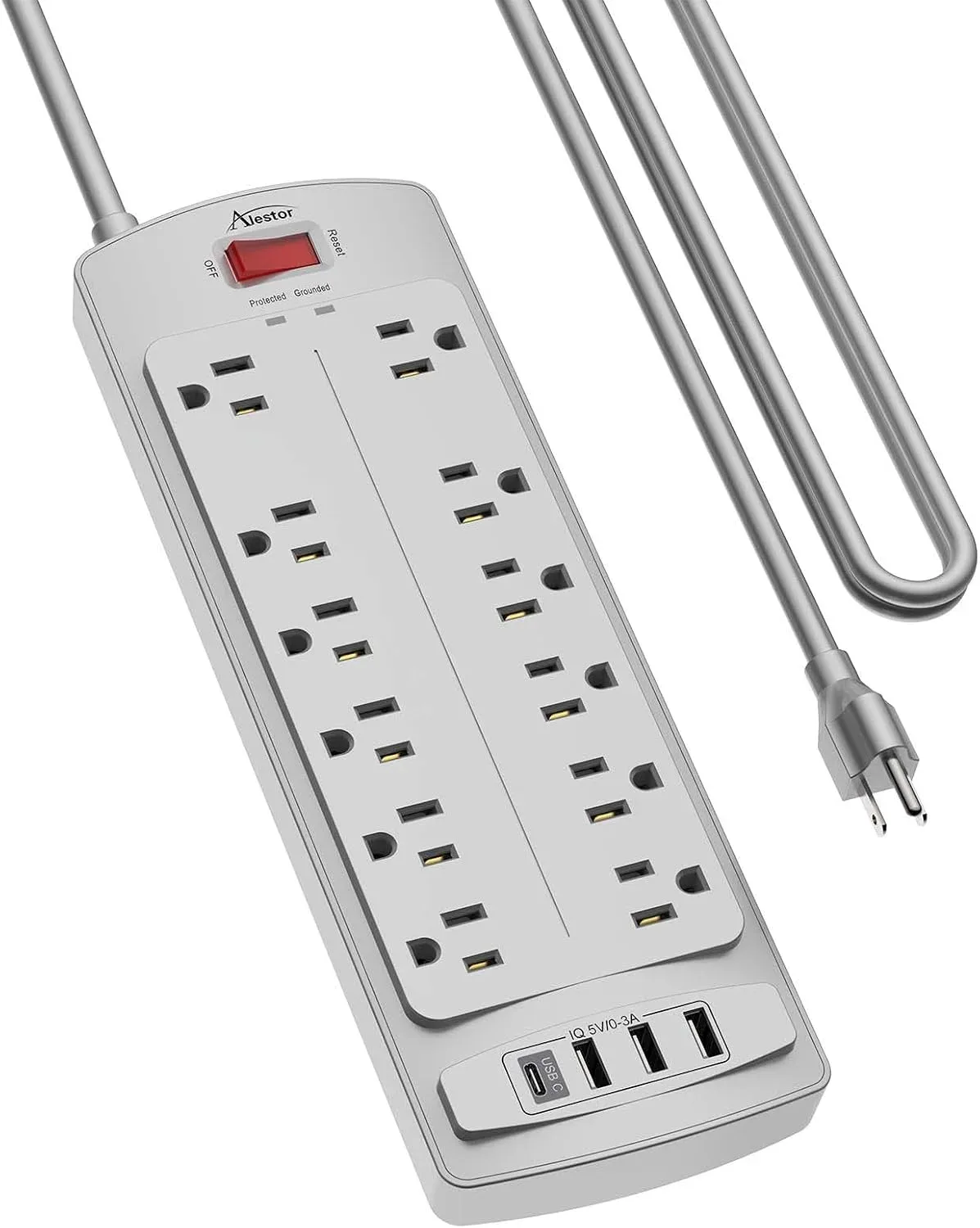 Regleta Alestor con 12 tomas y 4 puertos USB, cable de 3 metros, protección contra sobretensiones