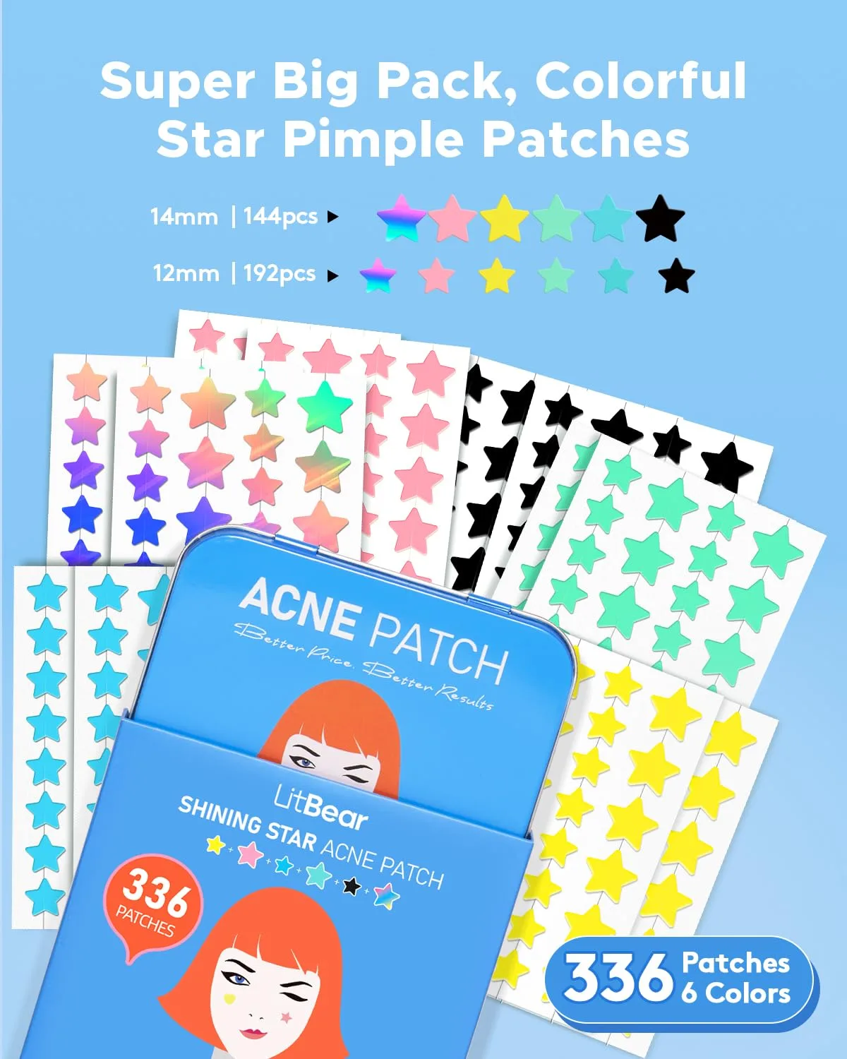 LitBear Star Pimple Patches with Case, 6 Colors 336 Dots Acne Pimple Patch with Tea Tree Oil, Hydrocolloid Acne Pimple Patches for Face Cute Zit Patches Pimple Stickers Acne Dots