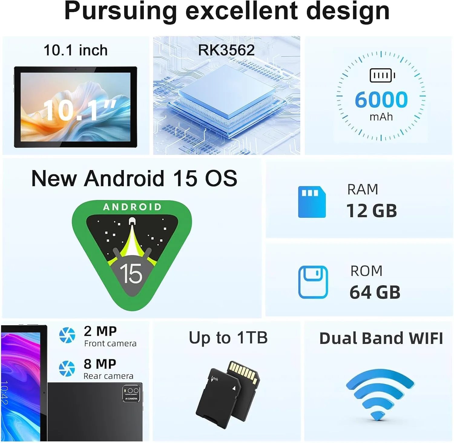 10 Inch Tablet Android Tablets 64GB 12GB RAM 10" Android Tablet Supports 1TB Expansion Dual Camera 6000mAh Long-lasting battery WiFi-6 Tableta 2 IN 1 Tablets with Bluetooth Mouse Case Stylus Keyboard