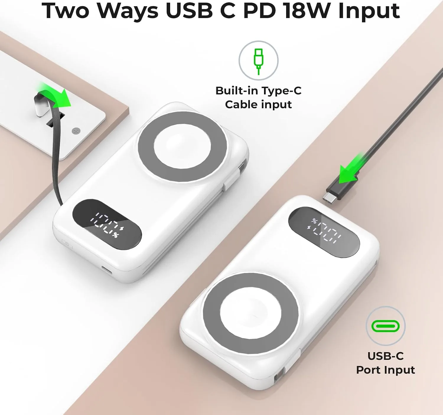 SHENMZ Magnetic Portable Charger 26800mAh for iPhone 18/17/16/15/14/13/12 with Built-in Cables， iWatch Charger，Wireless Power Bank for Apple Watch and for airpods,Galaxy, Android Phones(White)