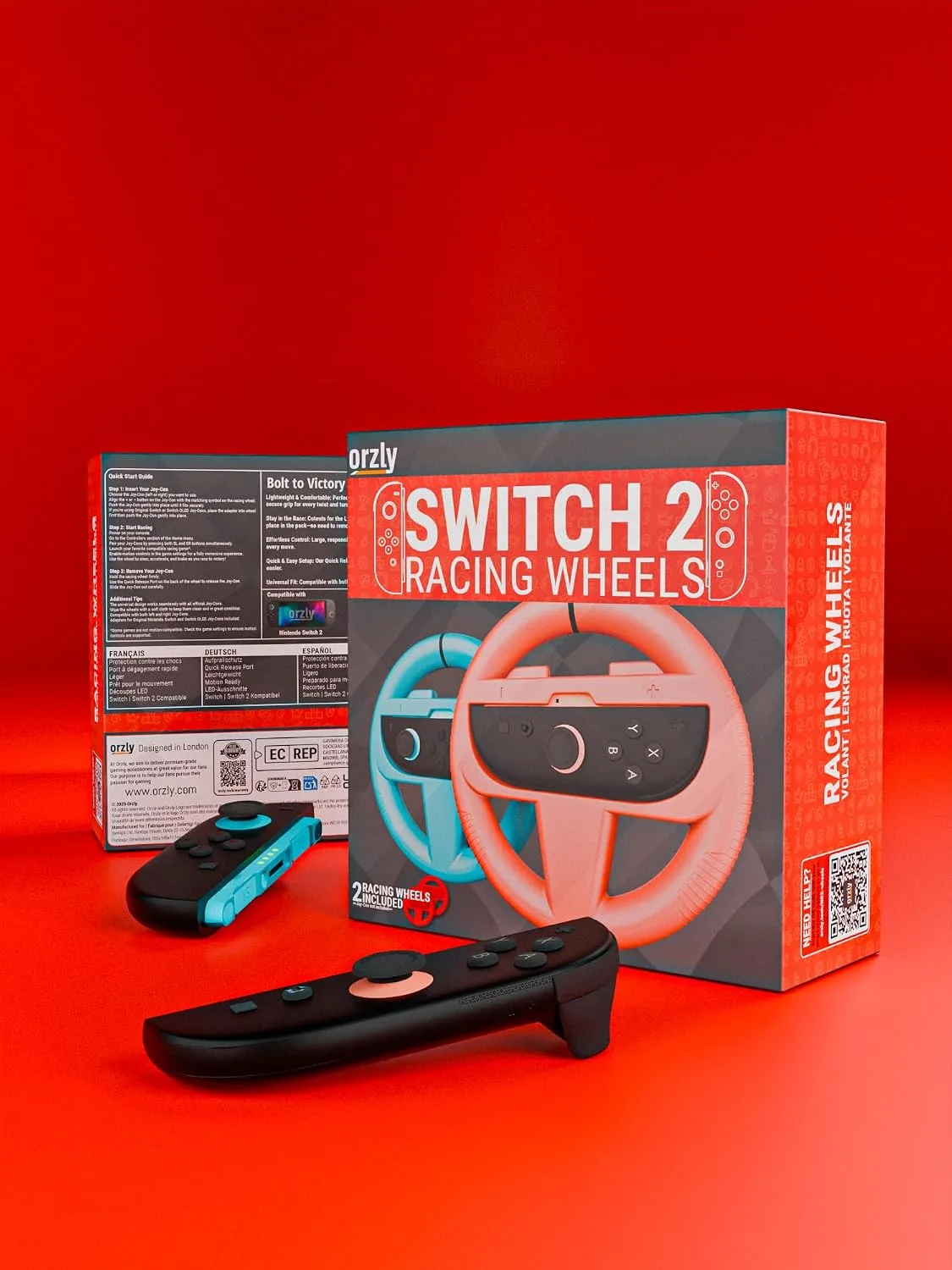 Orzly Steering Wheels Compatible with Nintendo Switch 2 (2025 Console) Twin Pack Racing Wheel Accessories for Joy Con Controllers and MarioKart Racing Games (1 Red 1 Blue) Gift Boxed