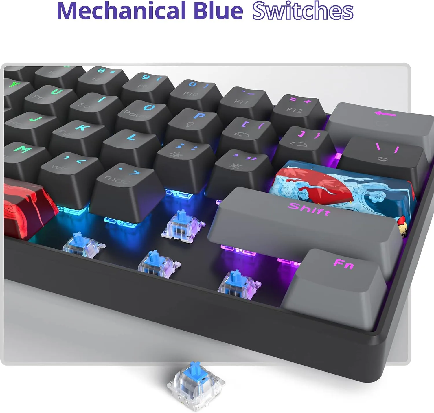 Owpkeenthy Wired 60% Percent Mechanical Gaming Keyboard with Blue Switch Ultra Compact RGB Gaming Keyboard Backlit Keys N-Key Rollover for PC Gamer (Dark/Blue Switch)