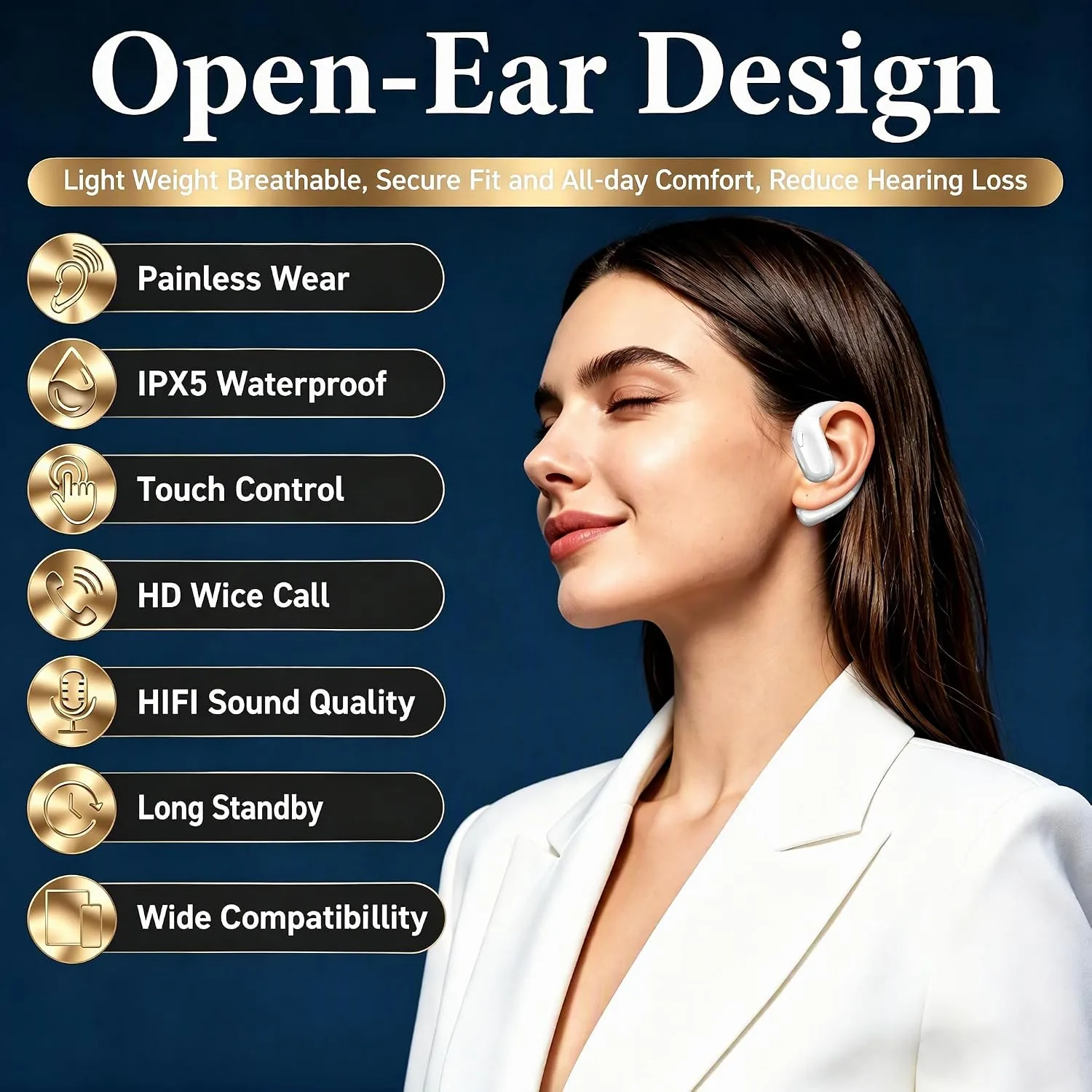 Open Ear Headphones, Wireless Headphones with Waterproof & Mic（White）