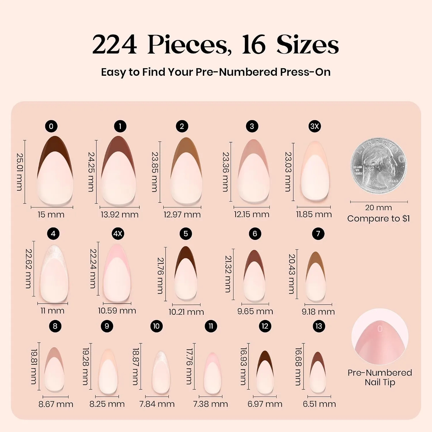 Beetles French Tip Press On Nails - Medium Almond 7 Colors, Brown 224 Pcs