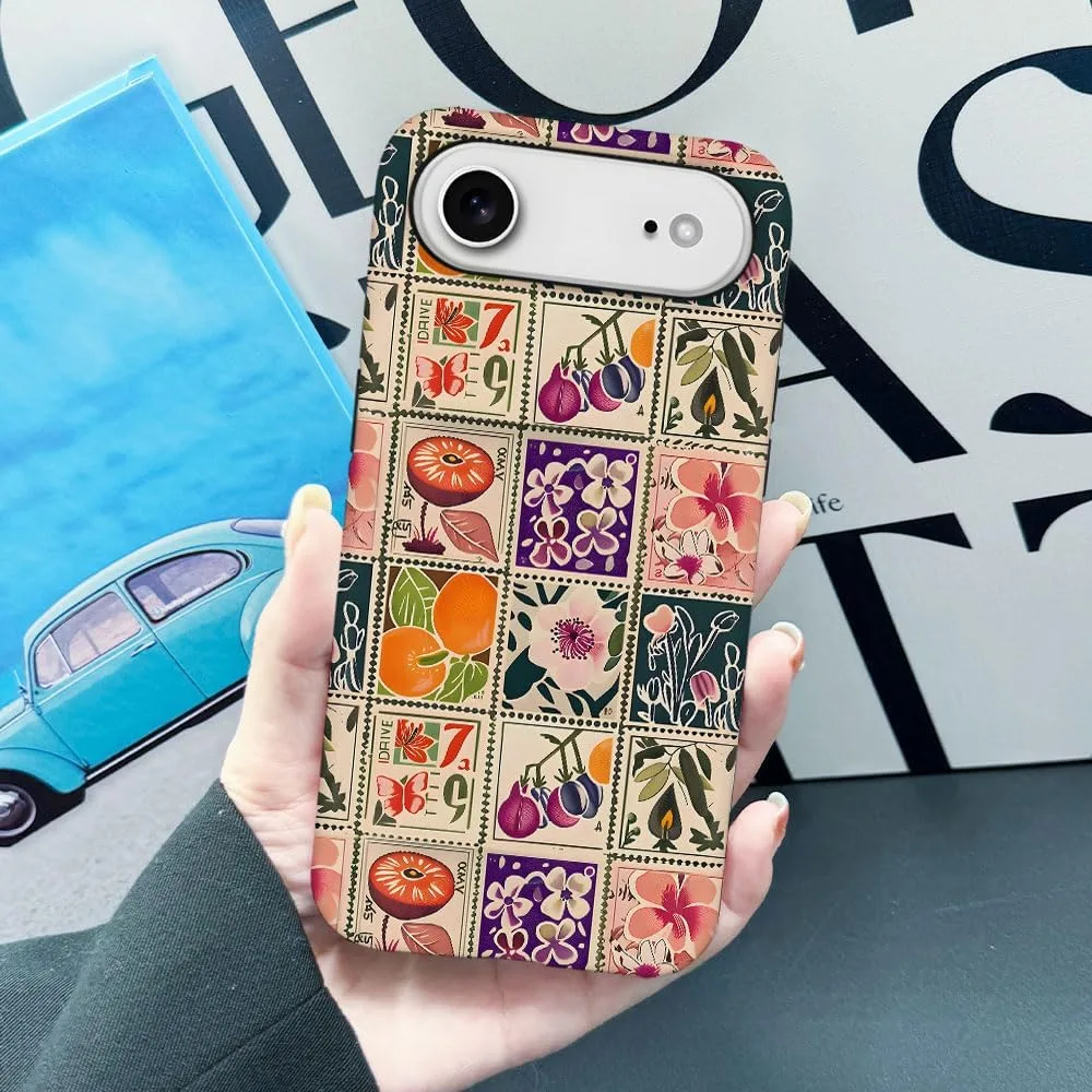 Case Compatible with iPhone 17 Air,Fall Prevention Hybrid 2-Layer Hard Shell Phone Cover for Girls Boys,Vintage Flower Orange Stamp Collage