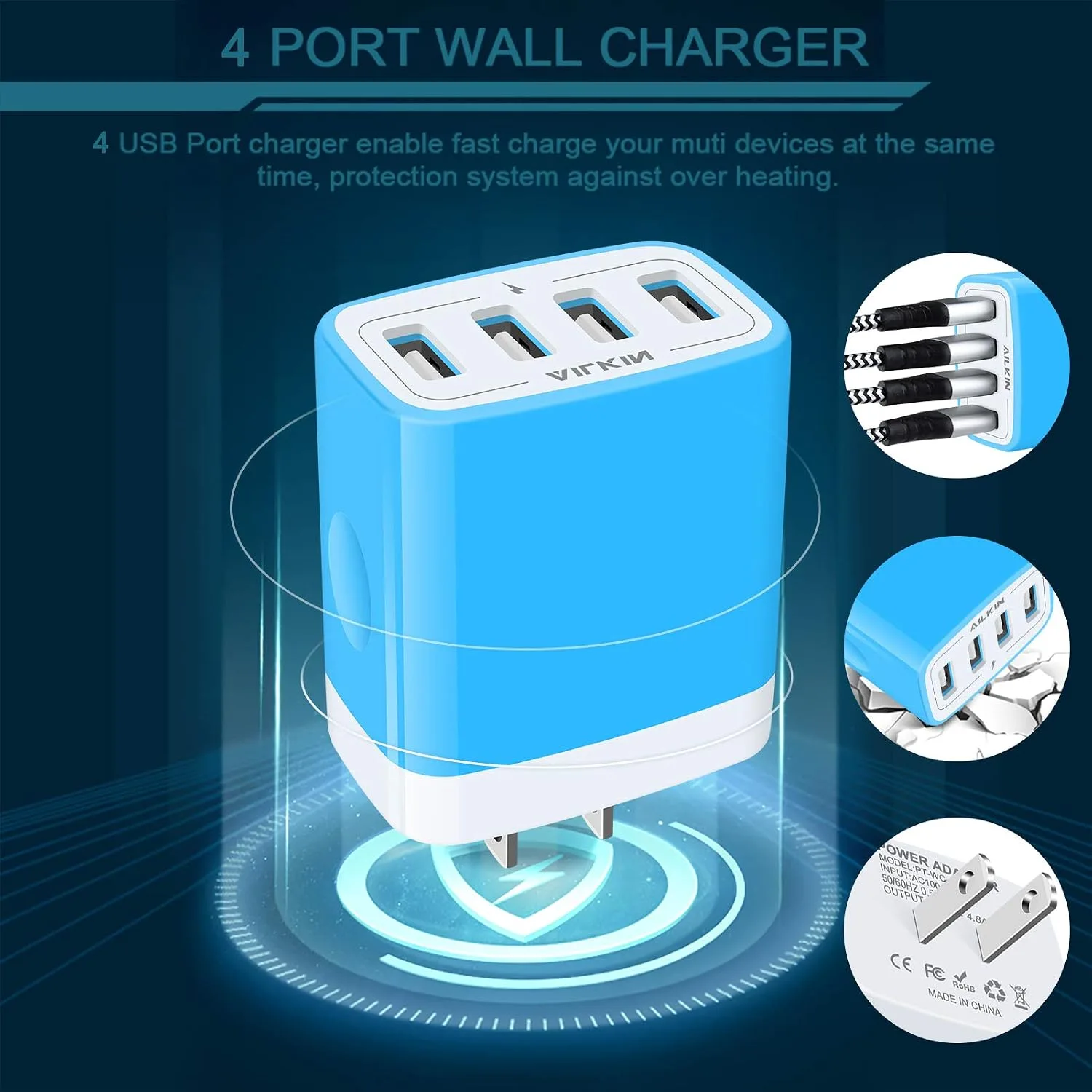 USB Charger Cube, Wall Charger Plug, AILKIN 4.8A 4-Muti Port USB Adapter