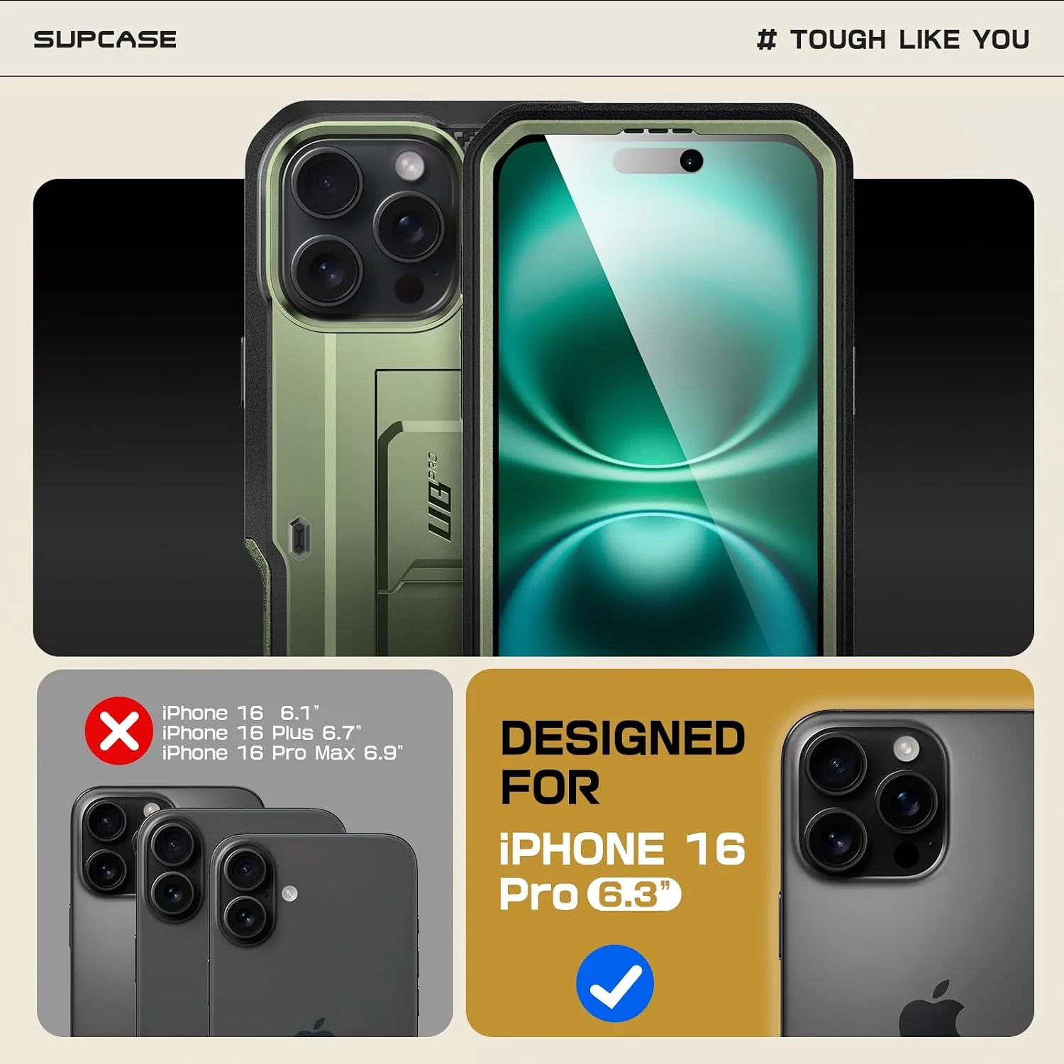 SUPCASE for iPhone 16 Pro Case with Screen Protector & Kickstand, Green