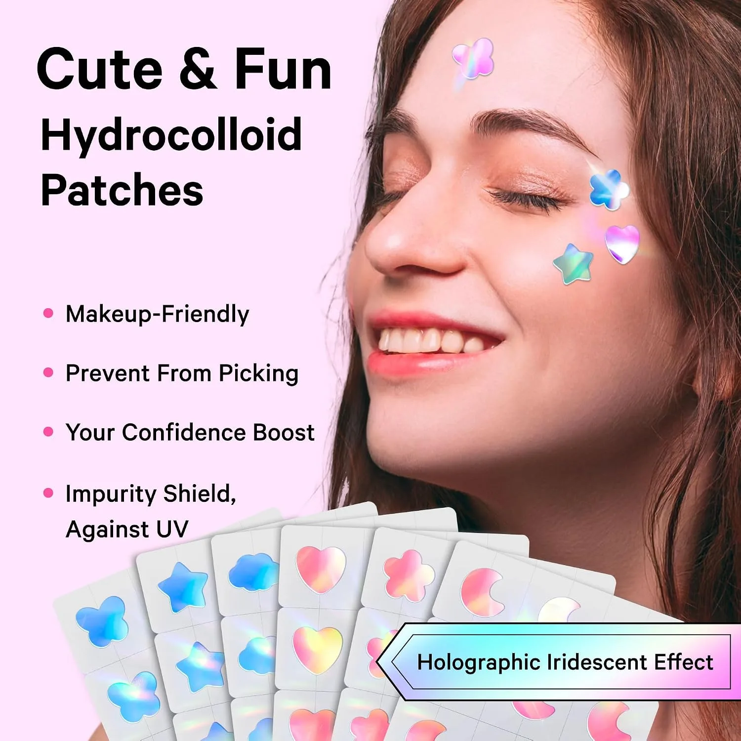 Sosky Holographic Star Pimple Patches, Hydrocolloid Acne Patches, 144 Count Pink Star Heart Moon Cloud Butterfly Flower