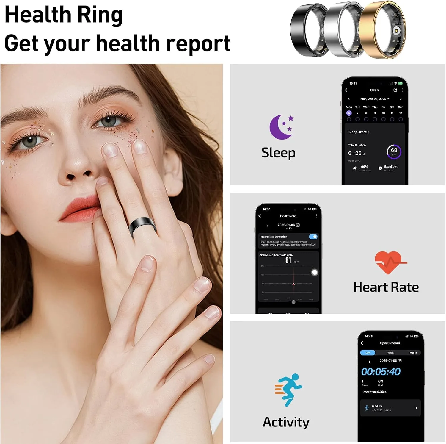 Smart Ring, Health Fitness Tracker with Heart Rate Blood Oxygen Monitor, Sleep & All-Day Sports Tracking, Long Battery Life Waterproof Wearable Ring for Men Women (R02C, Silver, 7)