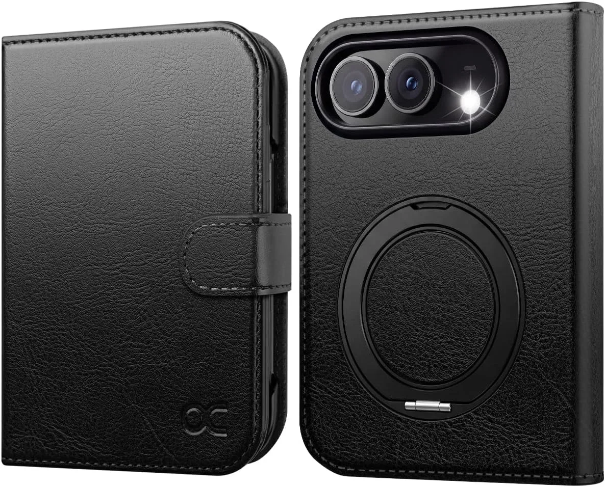 OCASE for iPhone Duo Wallet Case with Ring Stand, Card Holder, Black