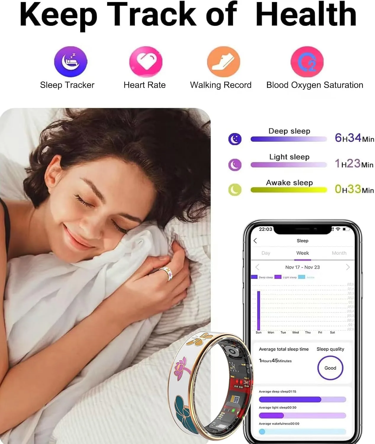 Smart Ring for Women Fitness Tracker,Waterproof Health Rings for Women(8#)