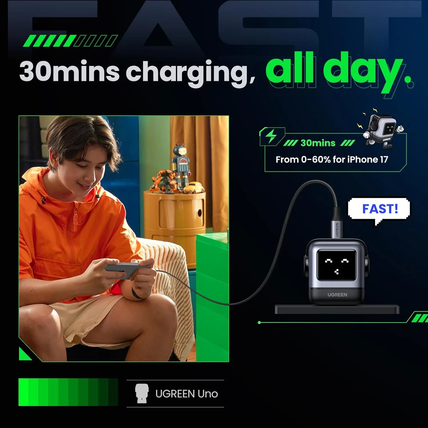 UGREEN Uno 30W USB C Charger, Compact Robot GaN Fast Charging Block, Black