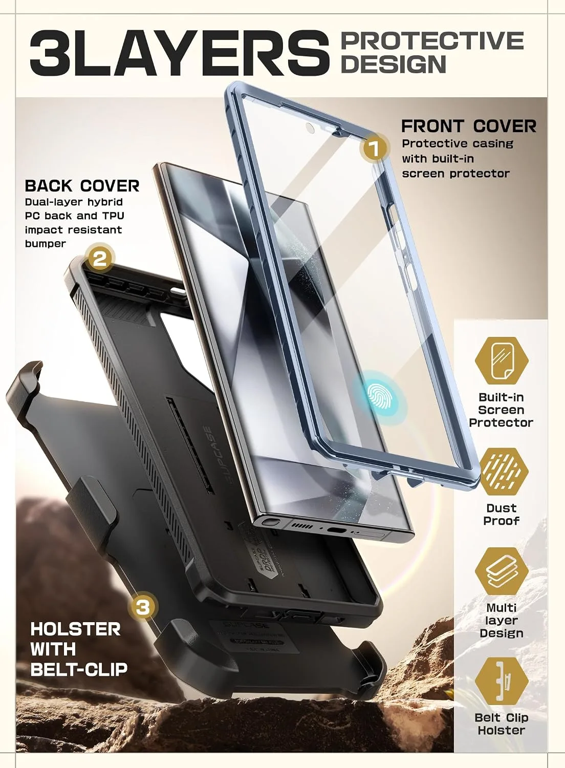 SUPCASE for Galaxy S24 Ultra Case with Built-in Screen Protector, Blue