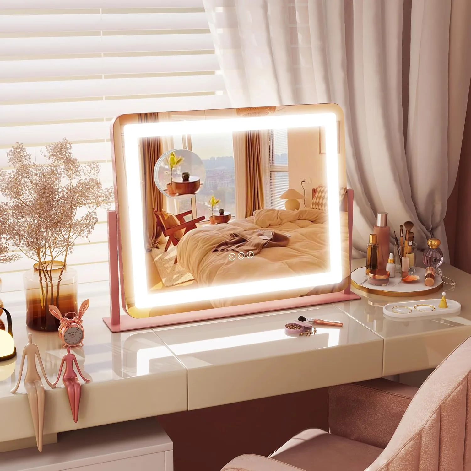 FENNIO Vanity Mirror with Lights 22''x17'' Makeup Mirror,Vanity Mirror Touch Screen with 3-Color Lighting,Dimmable,for Vanity Desk Tabletop（Pink）