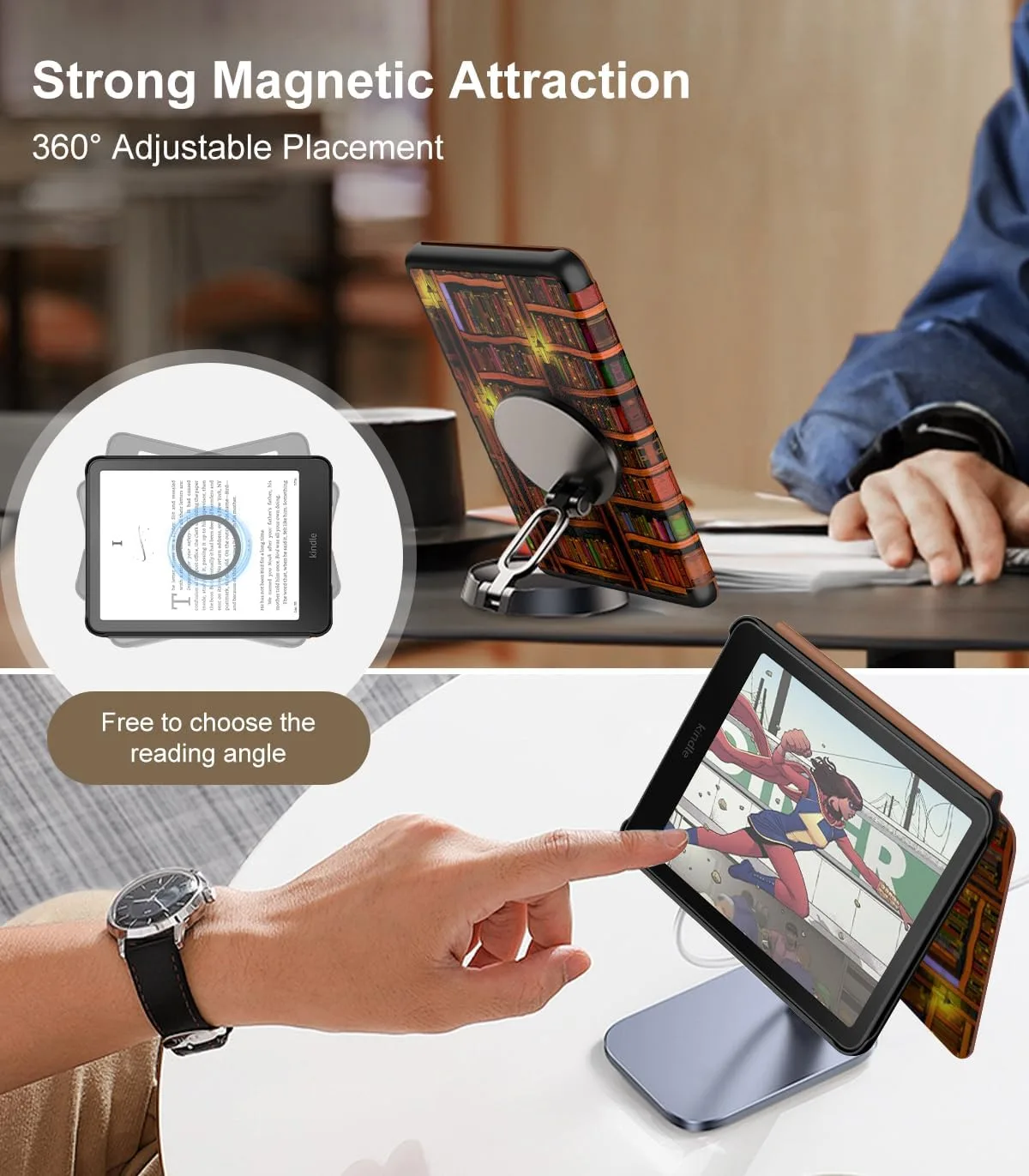 Moko Magnetic Case for 7" Kindle Paperwhite 12th/Colorsoft, Retro Library
