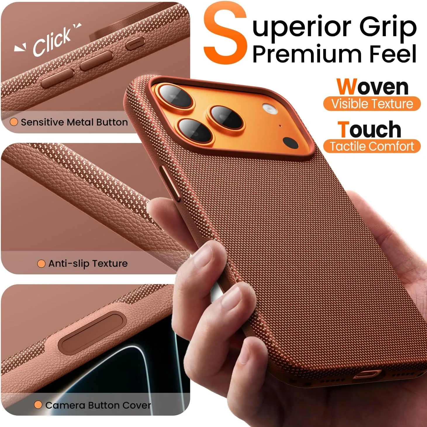 Mkeke for iPhone 17 Pro Max Case Techwoven Orange, [Compatible with MagSafe] [Camera Control Cover] [Premium Tech Woven Fabric] [Drop Protection] Shockproof Skin-Friendly