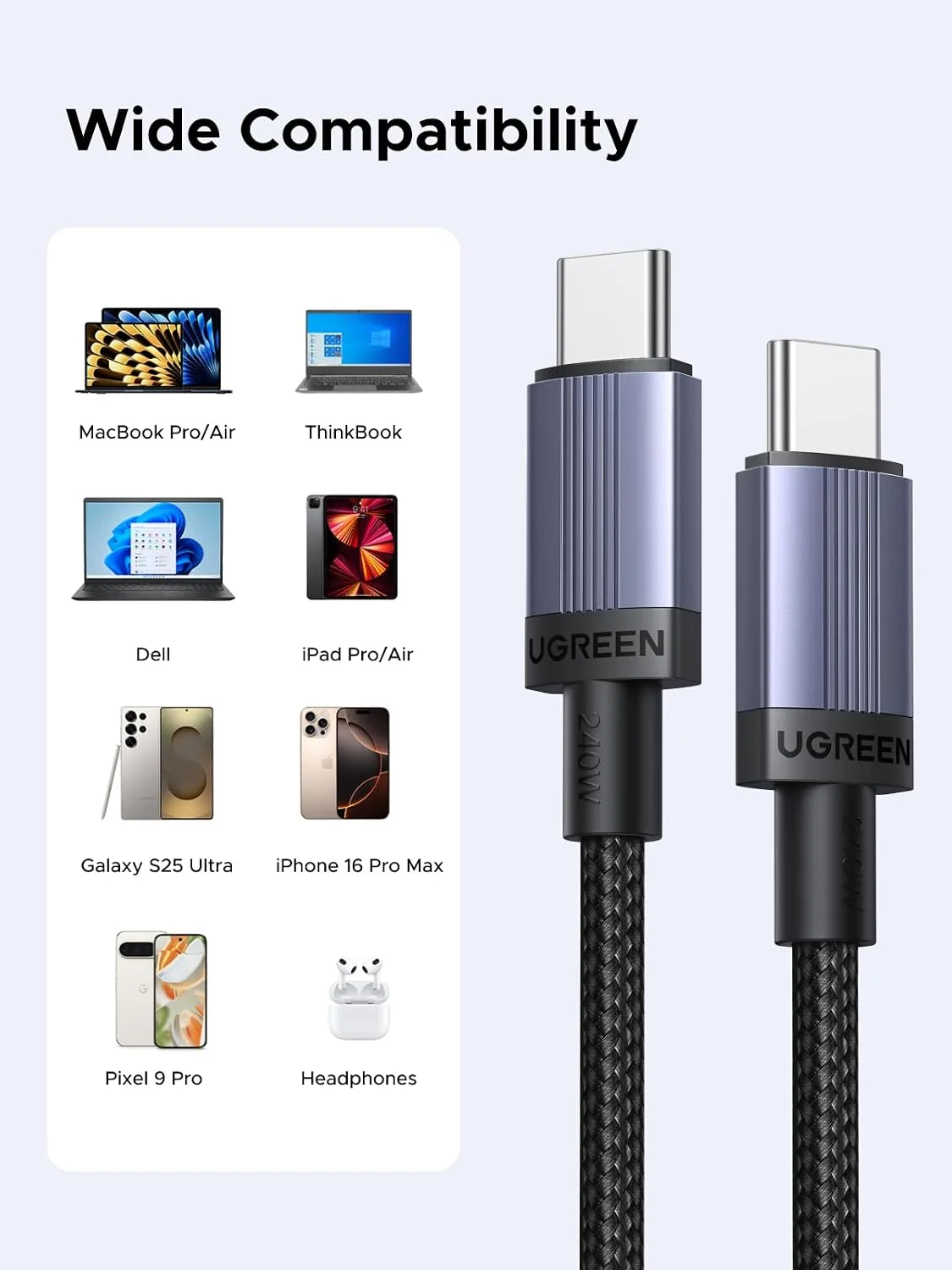 UGREEN 240W USB C Cable 2-Pack, Fast Charging for Laptops & Phones, 6.6ft