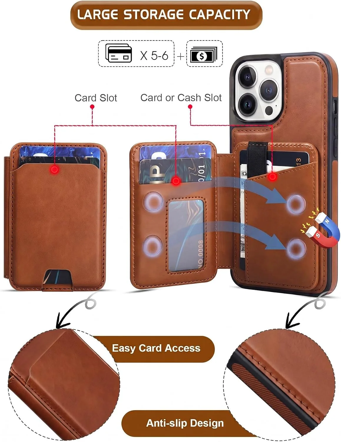 Magnetic Detachable Wallet Case for iPhone 13 Pro Max with Kickstand,2-in-1 MagSafe Compatible RFID Blocking Card Holder,Slim PU Leather Cover Brown