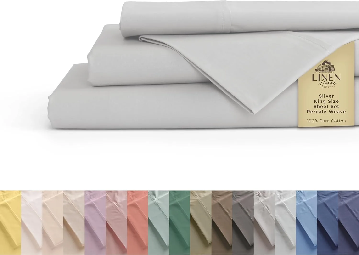Linen Home 100% Cotton Percale King Sheets, 4 Pc Cooling Set - Silver
