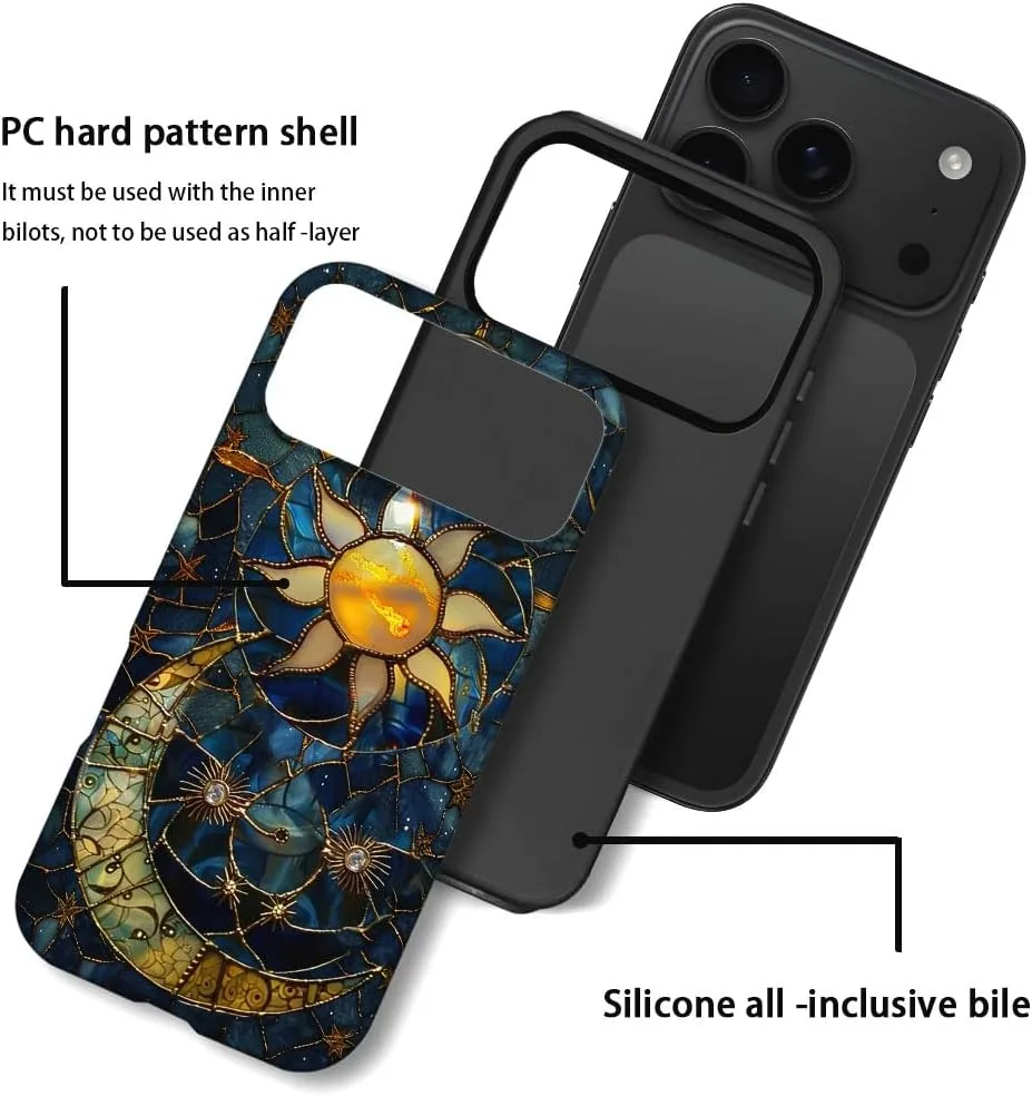 Case Compatible with iPhone 18 Pro Max/iPhone 17 Pro Max,Fall Prevention Hybrid 2-Layer Hard Shell Phone Cover for Girls Boys,Sun Moon Celestial Glass