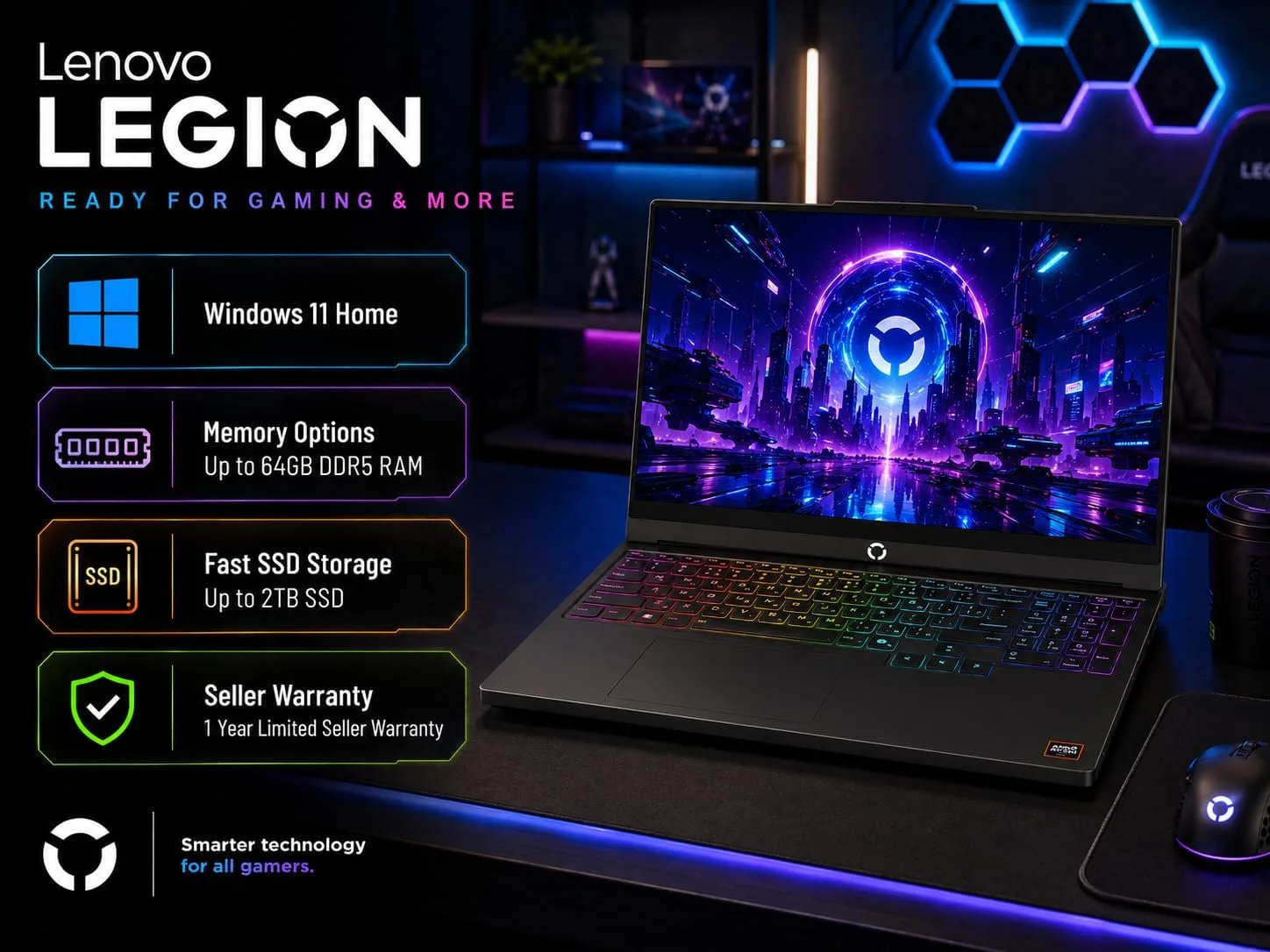 Lenovo Legion 5a Gaming Laptop, AMD Ryzen 7 250, GeForce RTX 5060, 15.3" WQXGA (2560x1600) 165Hz OLED Display, 16GB DDR5 RAM, 512GB SSD, Wi-Fi 7, RGB Backlit, Win 11, Black, w/Portable 500GB Drive