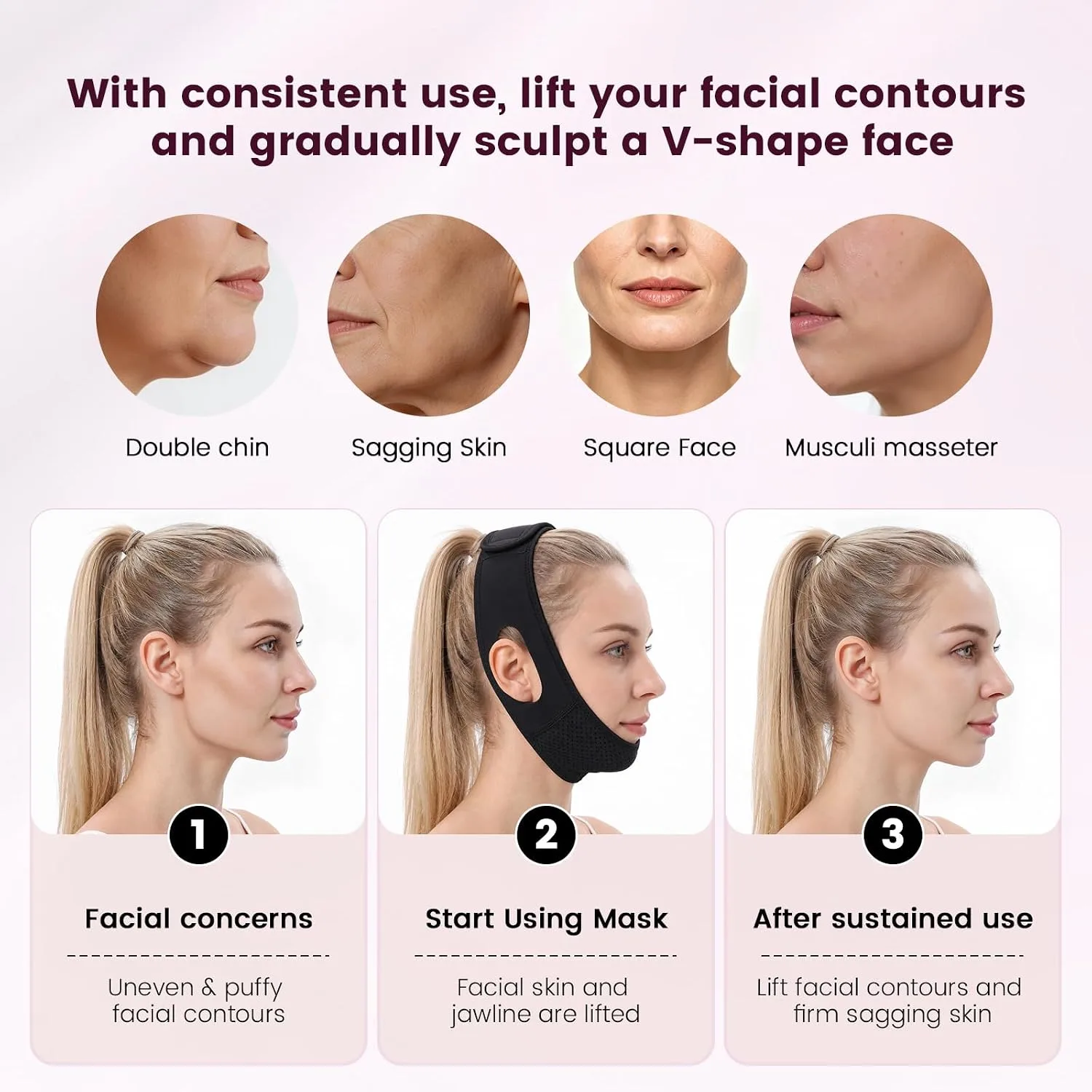 Reusable V Line Lifting Mask for Double Chin Reducer,chin strap for sleeping,jaw exerciser,Face Lift Belt Prevent Sagging,Black