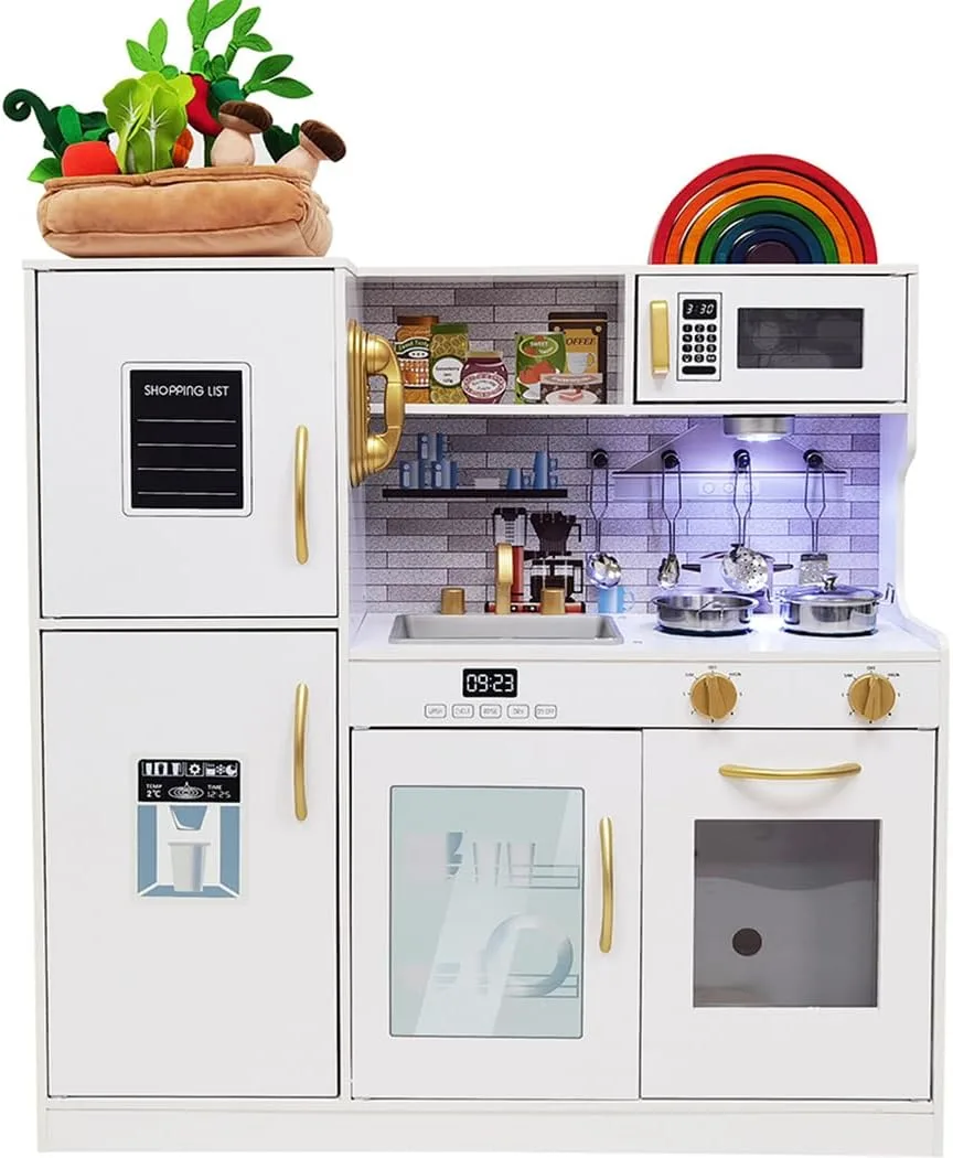 Kids Children Pretend Toy for Babies, Kitchen Playset & Play Kitchen Toy Set with Light, Sink with Faucet, Oven, Microwave, Kitchenware Set Accessories for Ages 3-8 Girls Boys