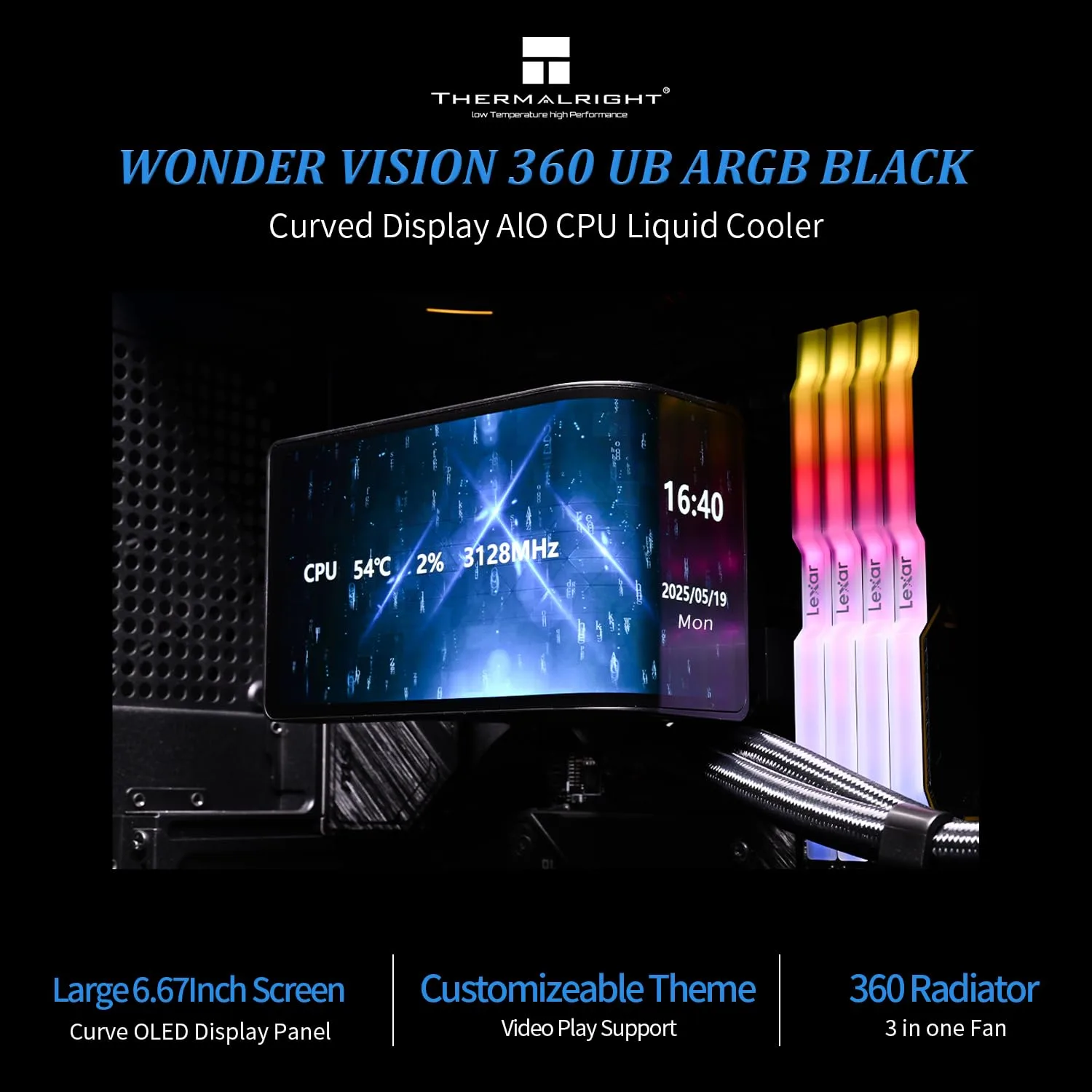 Thermalrlght Wonder Vision 360 UB ARGB Black CPU Water Cooler,CPU Water Cooling System,6.67inch Curved Screen with 2400x1080 Resolution,for AM4/AM5,LGA1851/1700,7:3 Visual Scale Screen Ratio for 3D