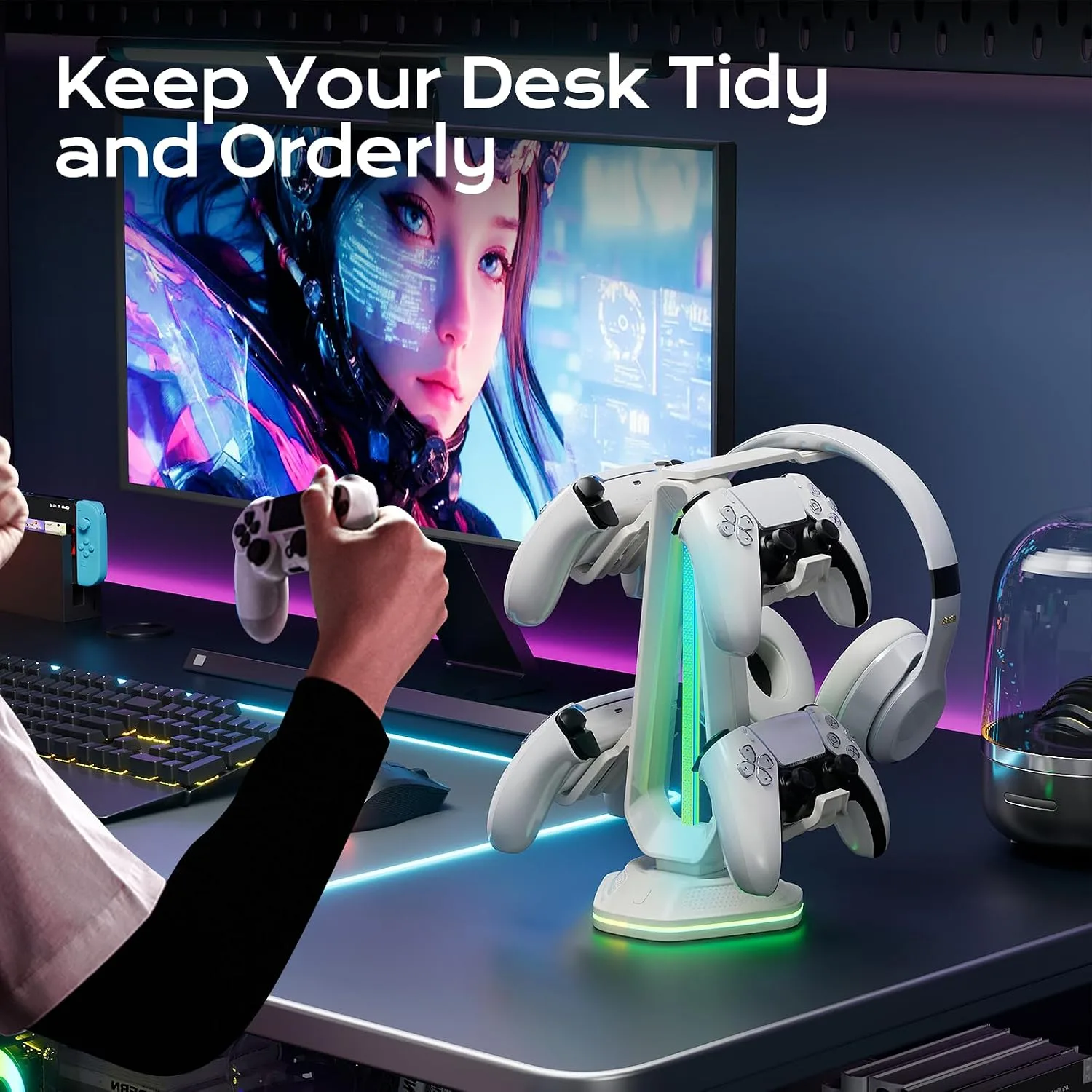 Saitake RGB Controller Stand with 9 Light Modes,Controller Holder with 2 USB Ports,Headphone Holder Suitable for All Headphones and Controller (White)