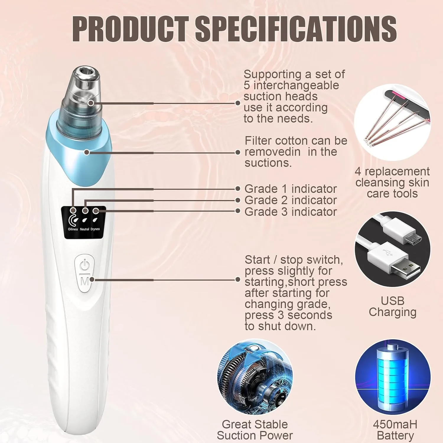 Blackhead Remover Pore Vacuum,Facial Pore Cleaner Blackhead Vacuum (Blue)
