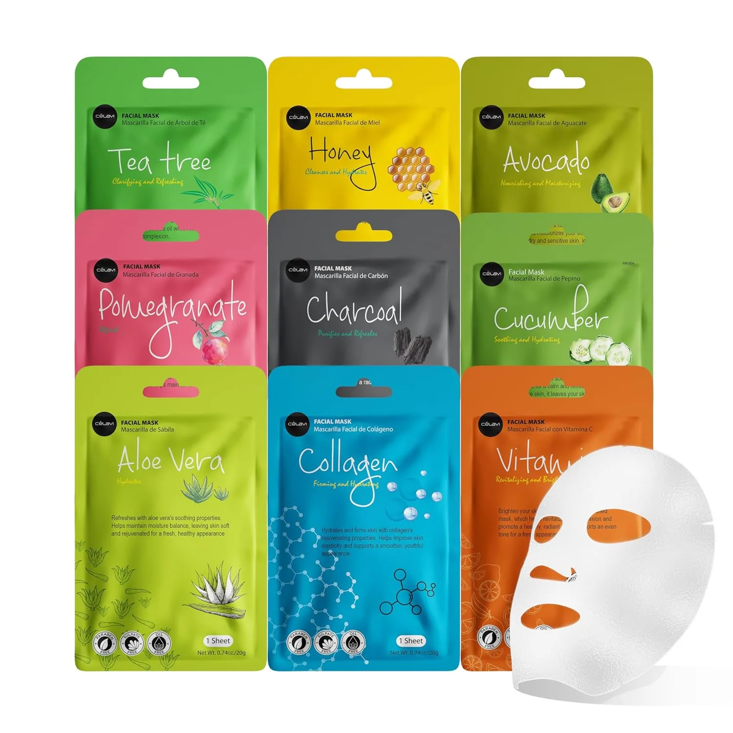 Celavi Korean Face Mask Sheet Set, Facial Spa Masks, 9 Pack