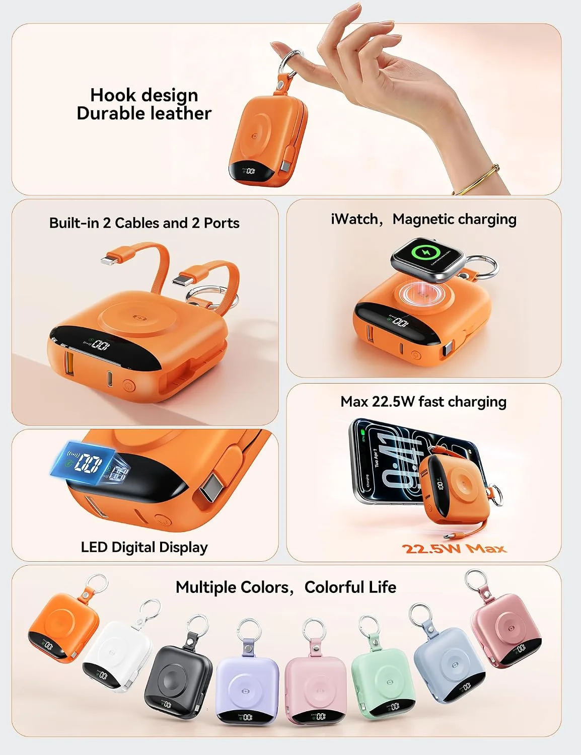 Portable Charger 10000mAh 22.5W Power Bank Built-in 2 Cables Keychain
